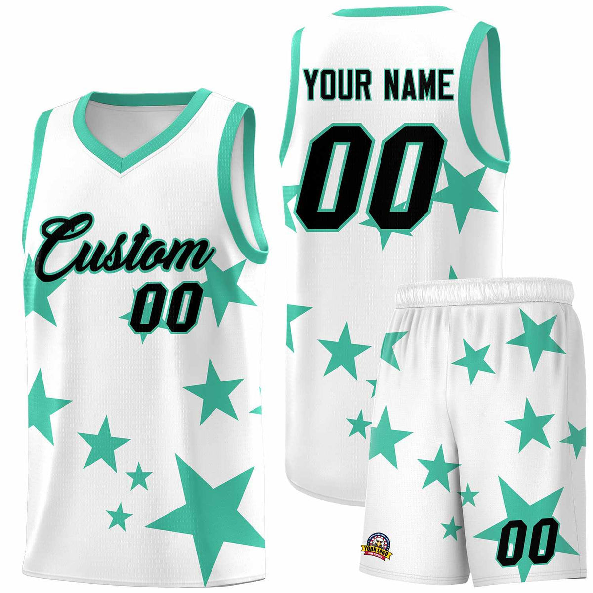 Custom White Bright Green Graffiti Pattern Star Print Basketball Jersey Sets
