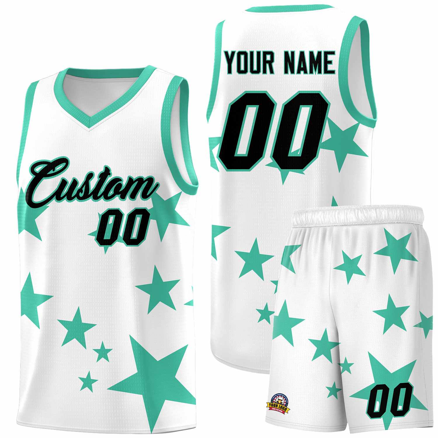 Custom White Bright Green Graffiti Pattern Star Print Basketball Jersey Sets
