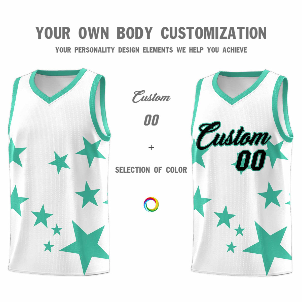Custom White Bright Green Graffiti Pattern Star Print Basketball Jersey Sets