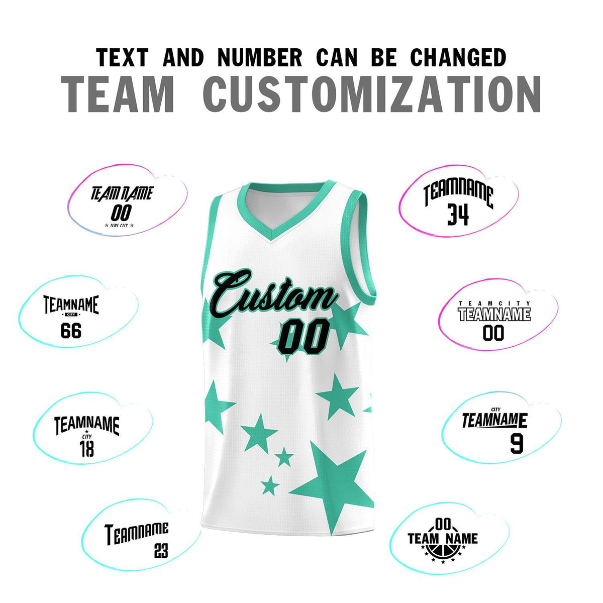 Custom White Bright Green Graffiti Pattern Star Print Basketball Jersey Sets