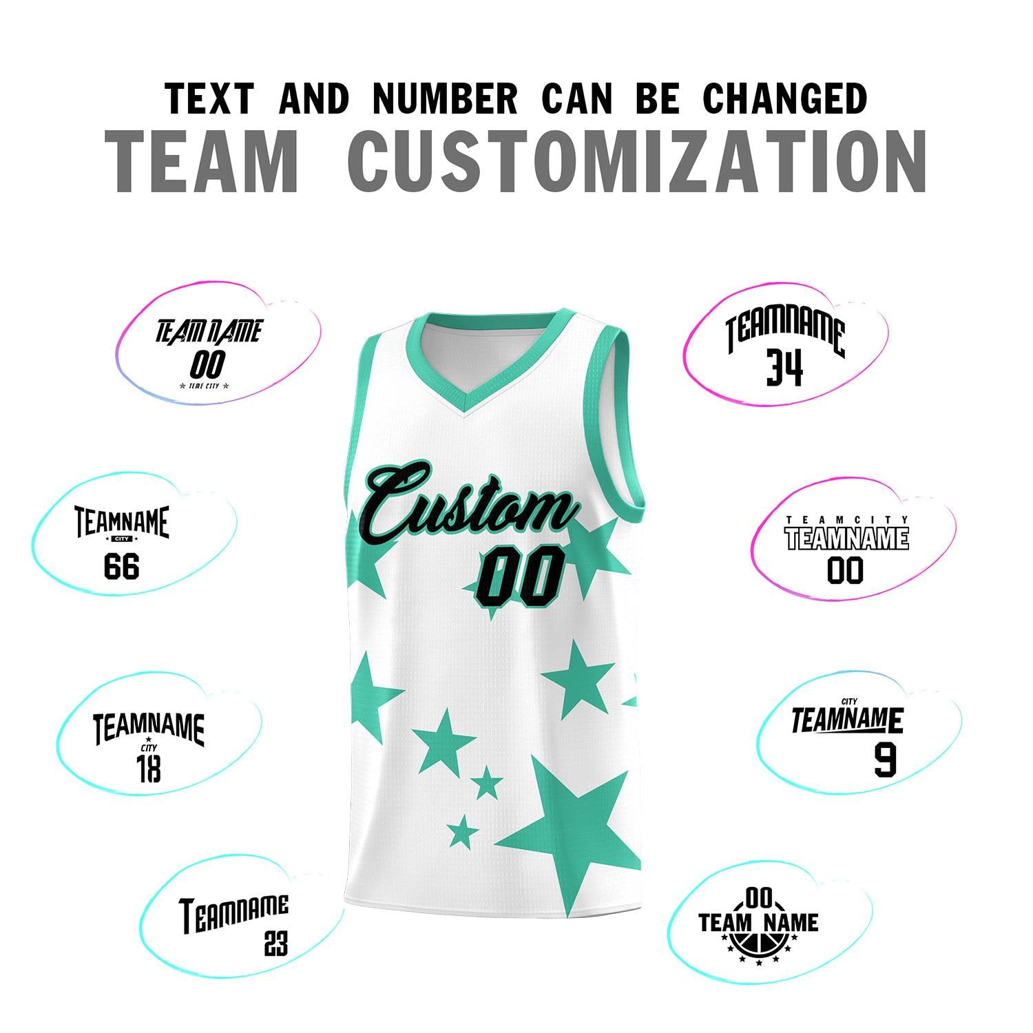 Custom White Bright Green Graffiti Pattern Star Print Basketball Jersey Sets