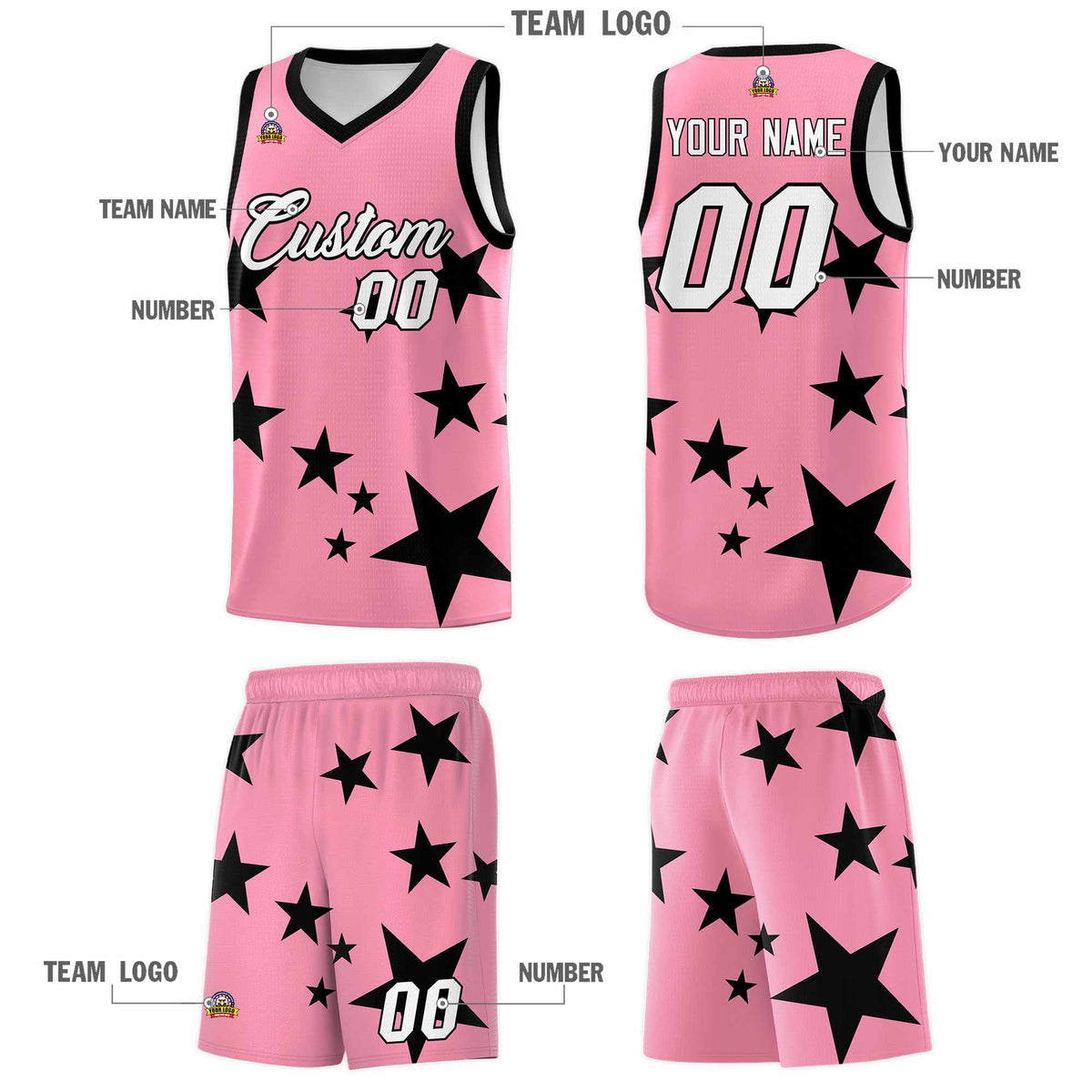 Custom Light Pink Black Graffiti Pattern Star Print Basketball Jersey Sets