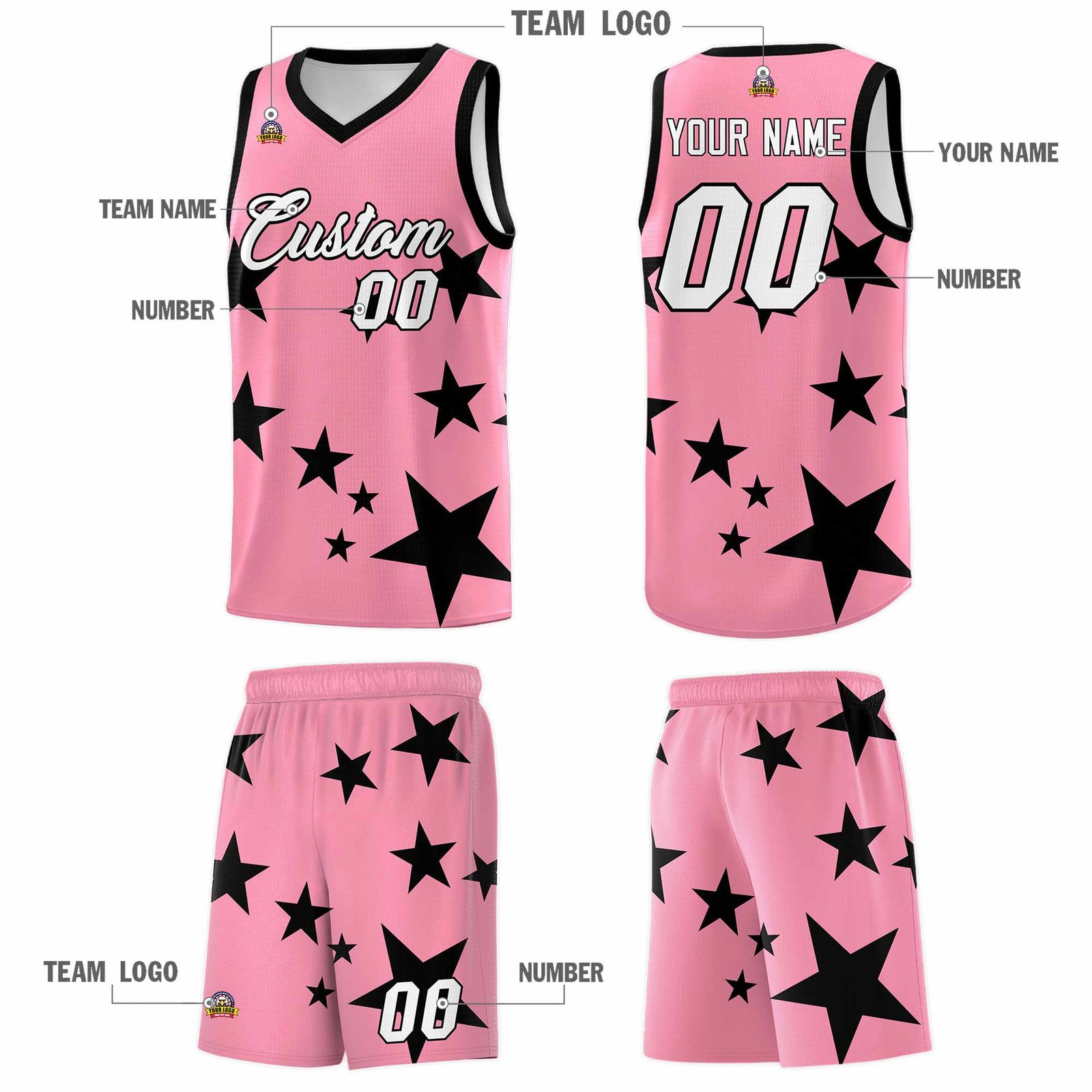 Custom Light Pink Black Graffiti Pattern Star Print Basketball Jersey Sets