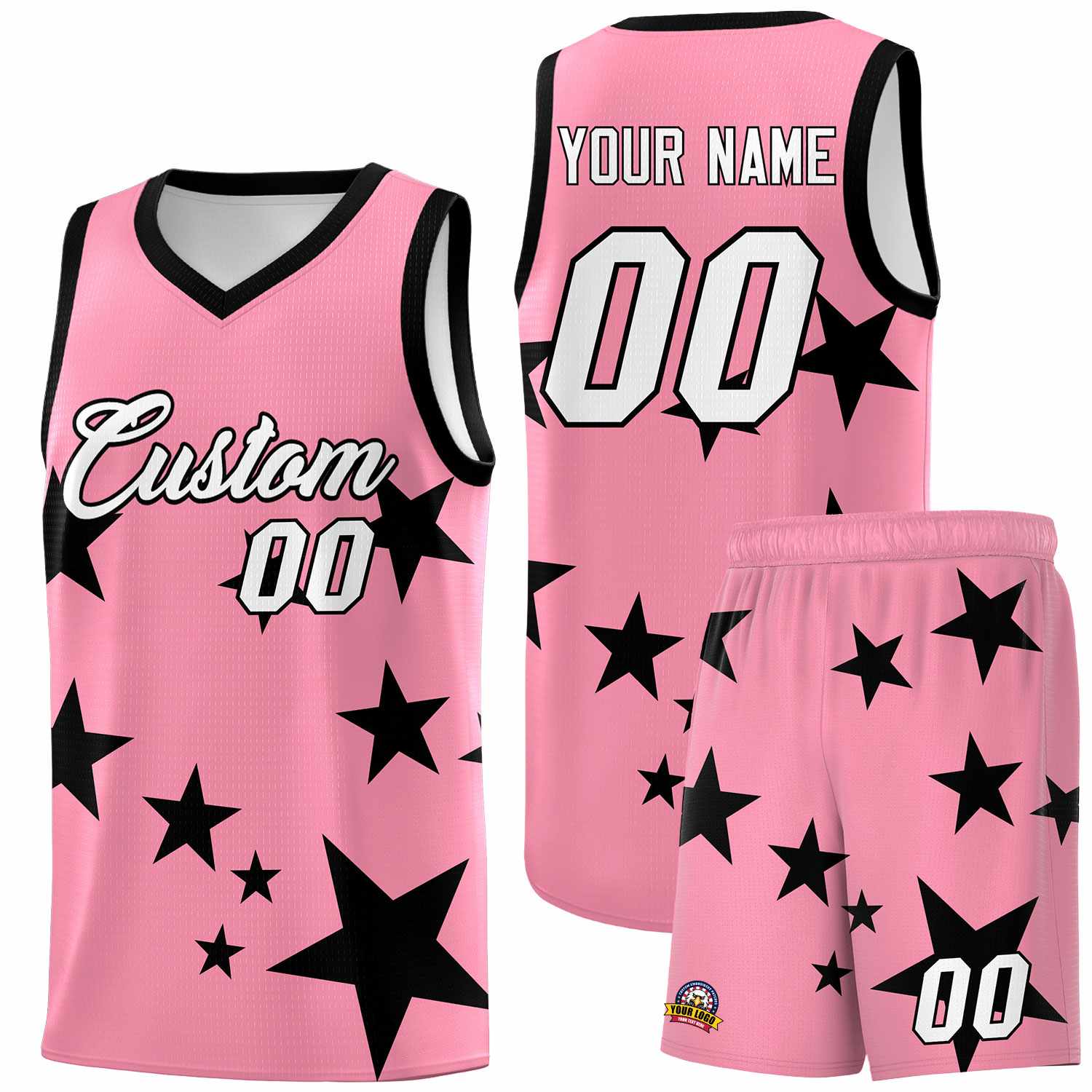 Custom Light Pink Black Graffiti Pattern Star Print Basketball Jersey Sets