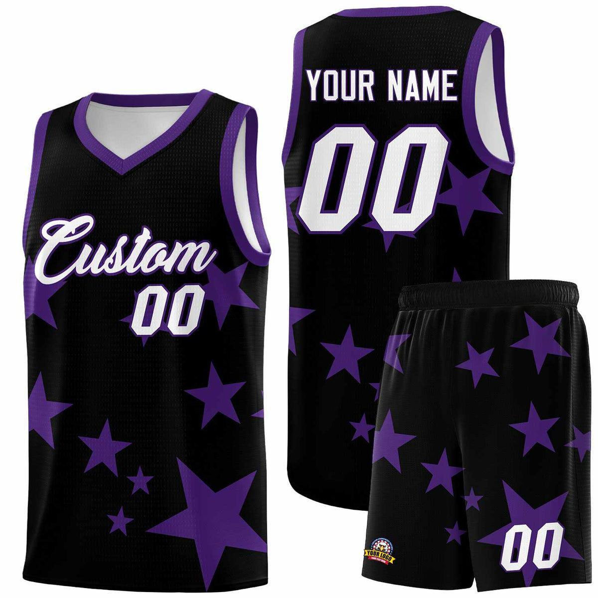 Custom Black Purple Graffiti Pattern Star Print Basketball Jersey Sets