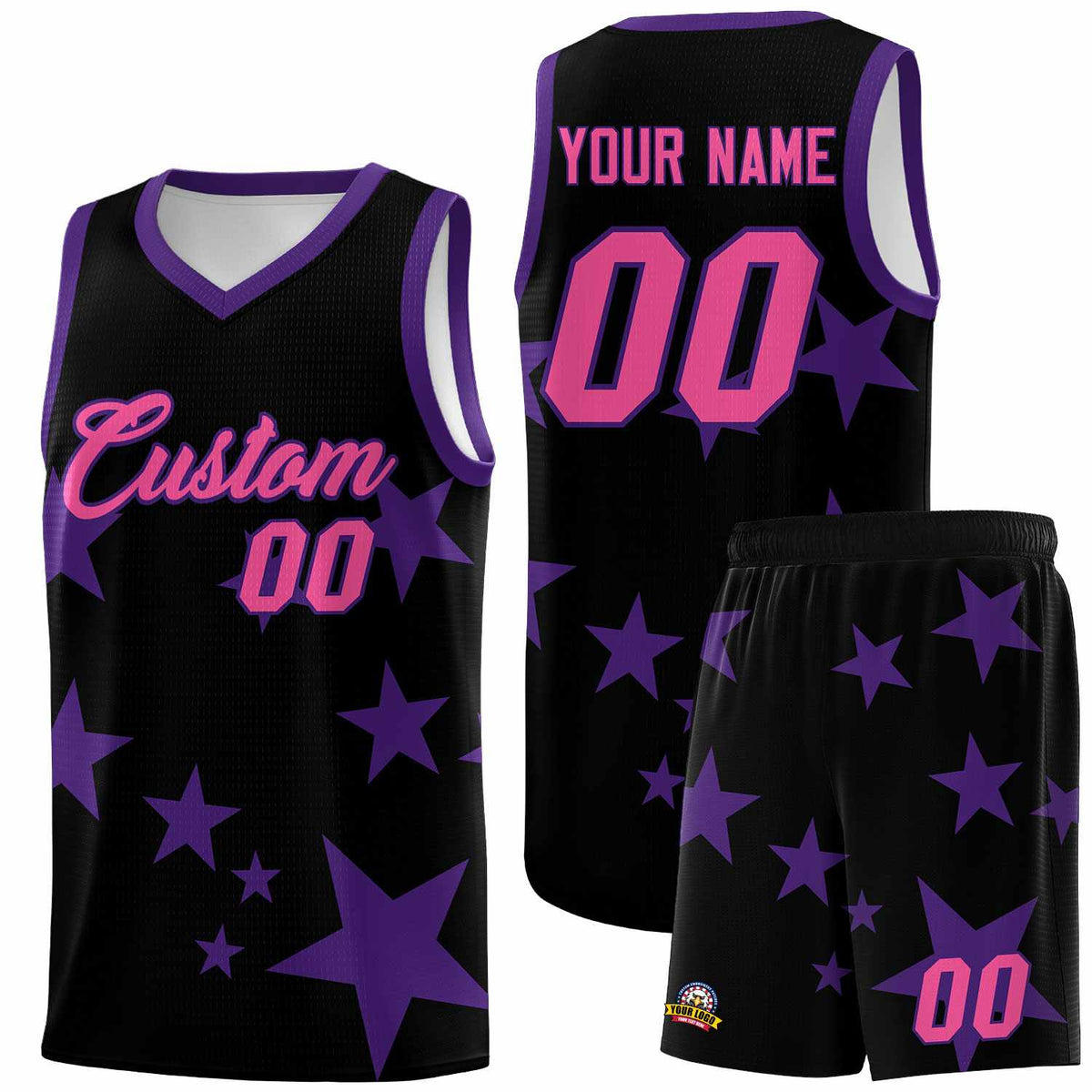 Custom Black Purple Graffiti Pattern Star Print Basketball Jersey Sets