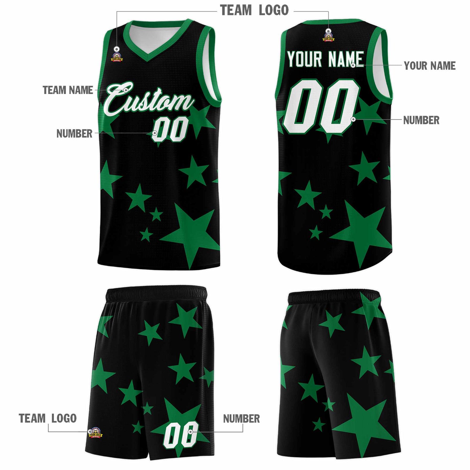 Custom Black Kelly Green Graffiti Pattern Star Print Basketball Jersey Sets