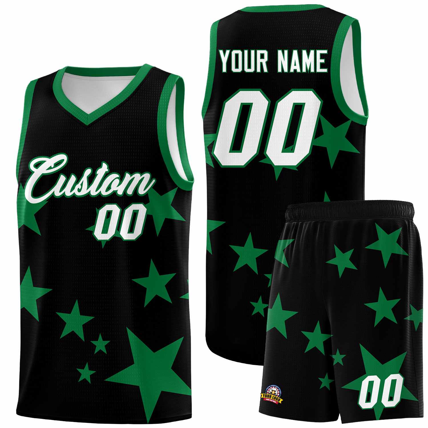 Custom Black Kelly Green Graffiti Pattern Star Print Basketball Jersey Sets