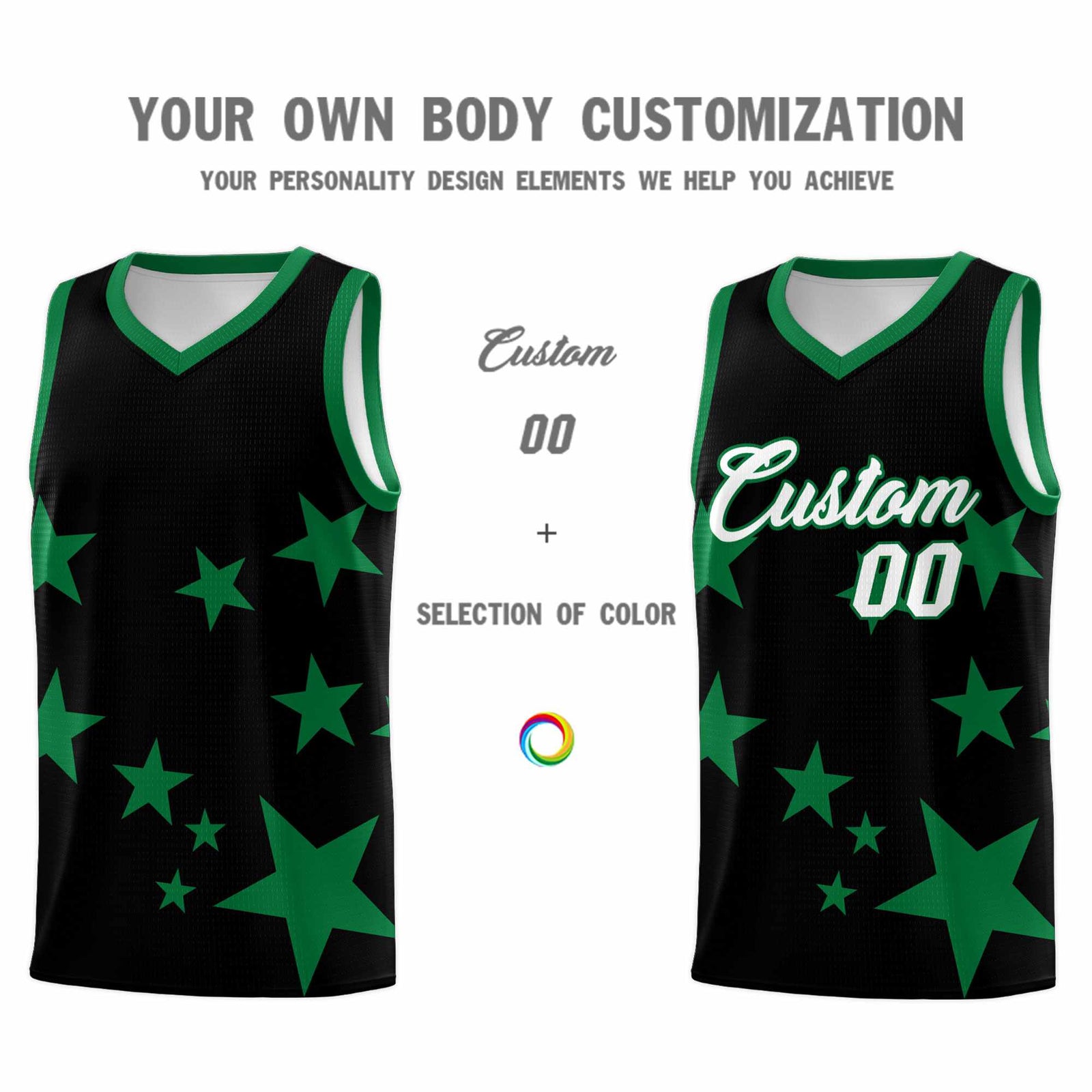 Custom Black Kelly Green Graffiti Pattern Star Print Basketball Jersey Sets
