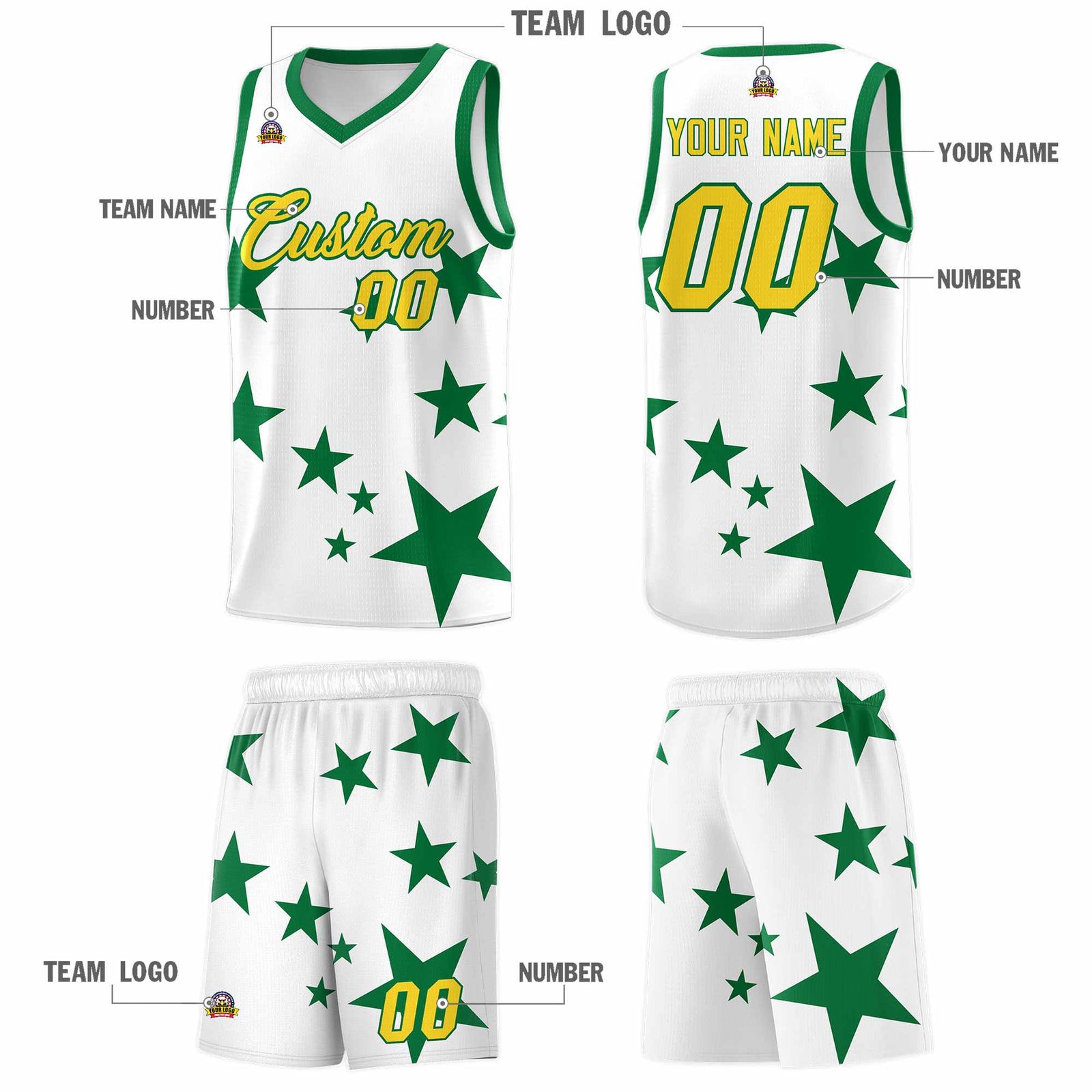 Custom White Kelly Green Graffiti Pattern Star Print Basketball Jersey Sets