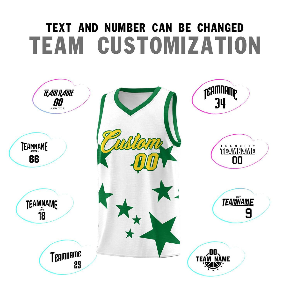 Custom White Kelly Green Graffiti Pattern Star Print Basketball Jersey Sets