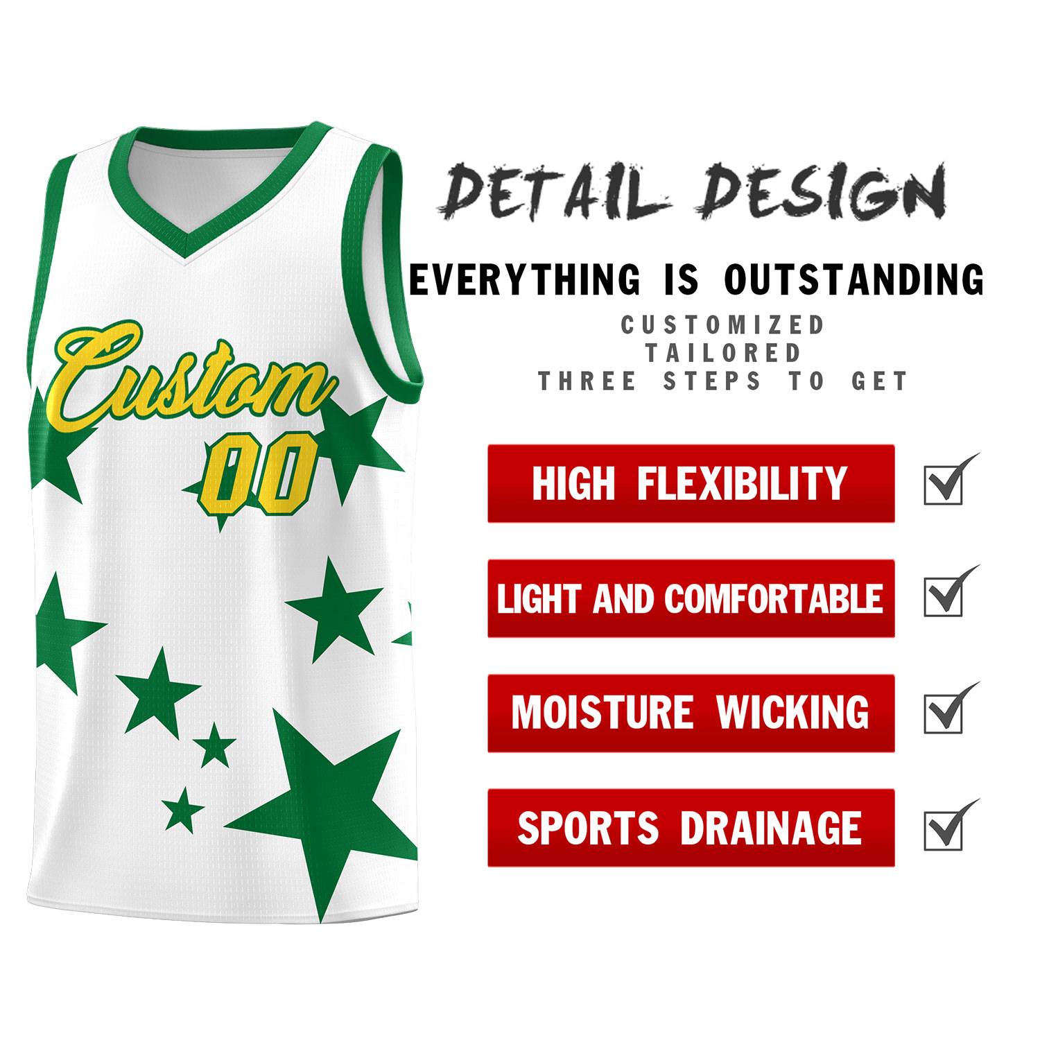 Custom White Kelly Green Graffiti Pattern Star Print Basketball Jersey Sets