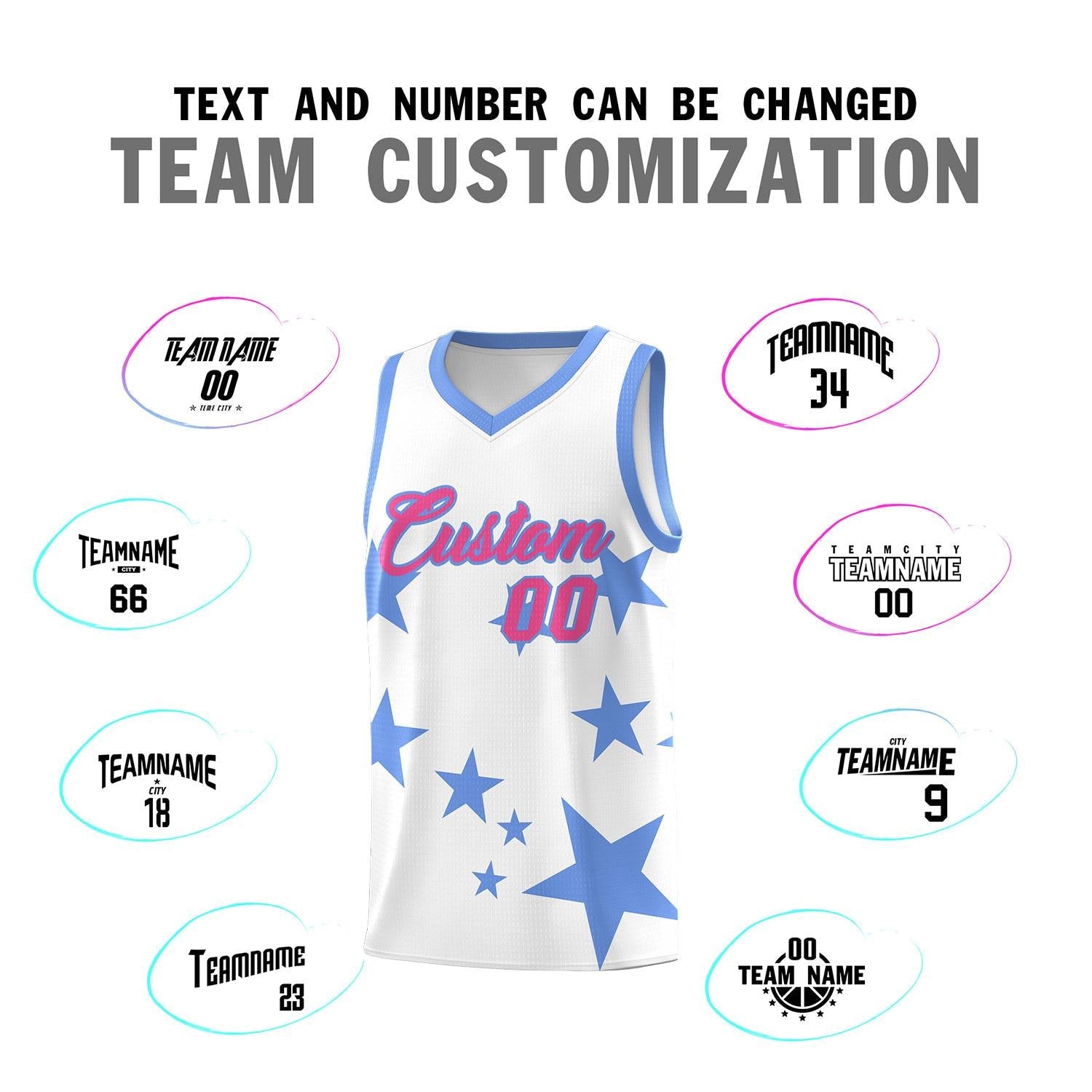 Custom White Light Blue Graffiti Pattern Star Print Basketball Jersey Sets