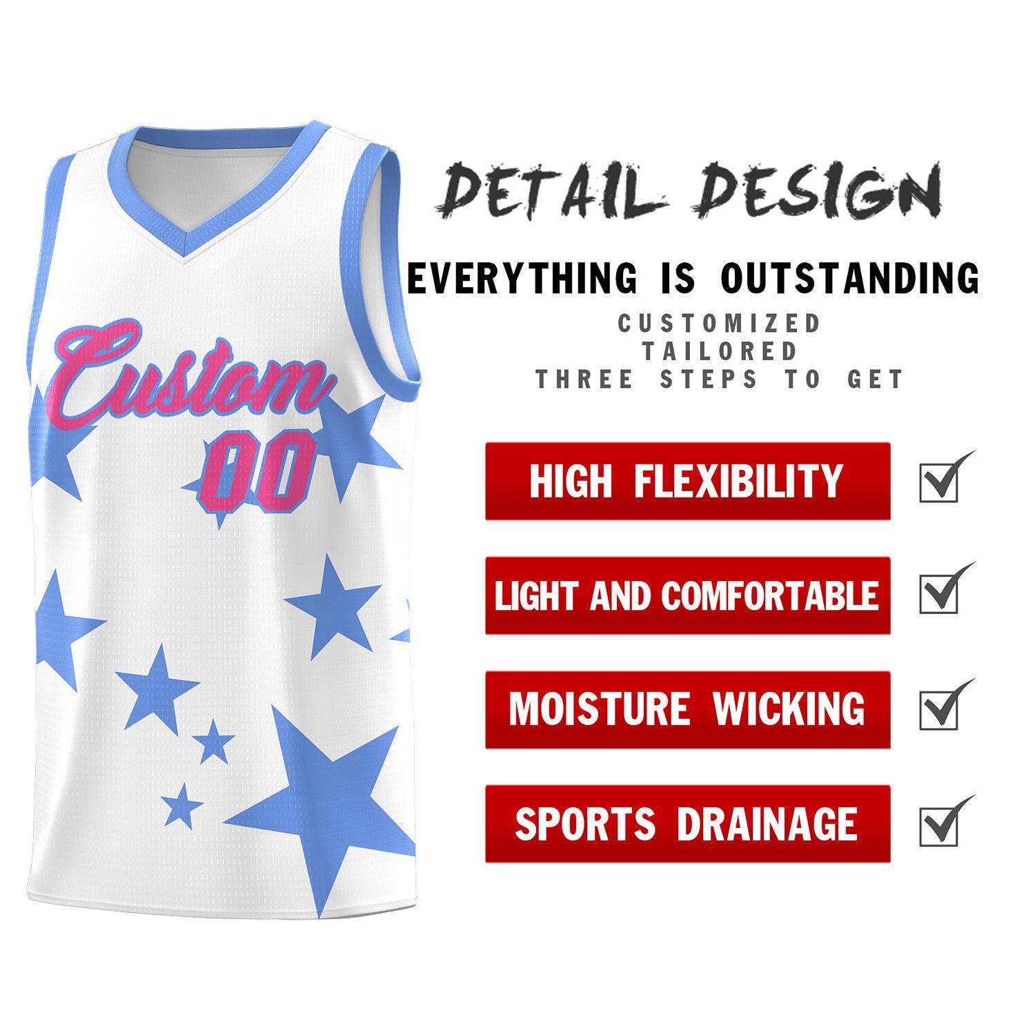 Custom White Light Blue Graffiti Pattern Star Print Basketball Jersey Sets