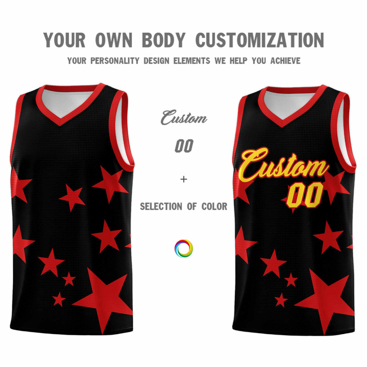 Custom Black Red Graffiti Pattern Star Print Basketball Jersey Sets