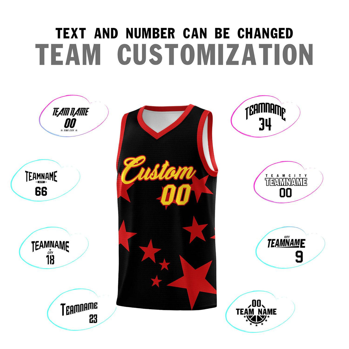 Custom Black Red Graffiti Pattern Star Print Basketball Jersey Sets
