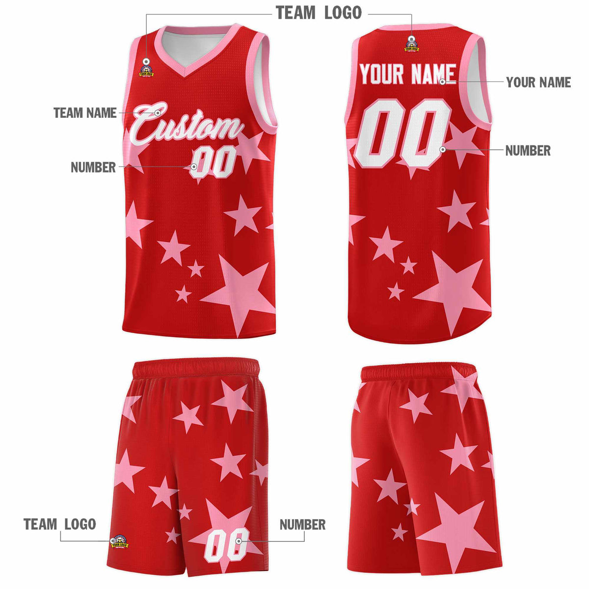 Custom Red Light Pink Graffiti Pattern Star Print Basketball Jersey Sets