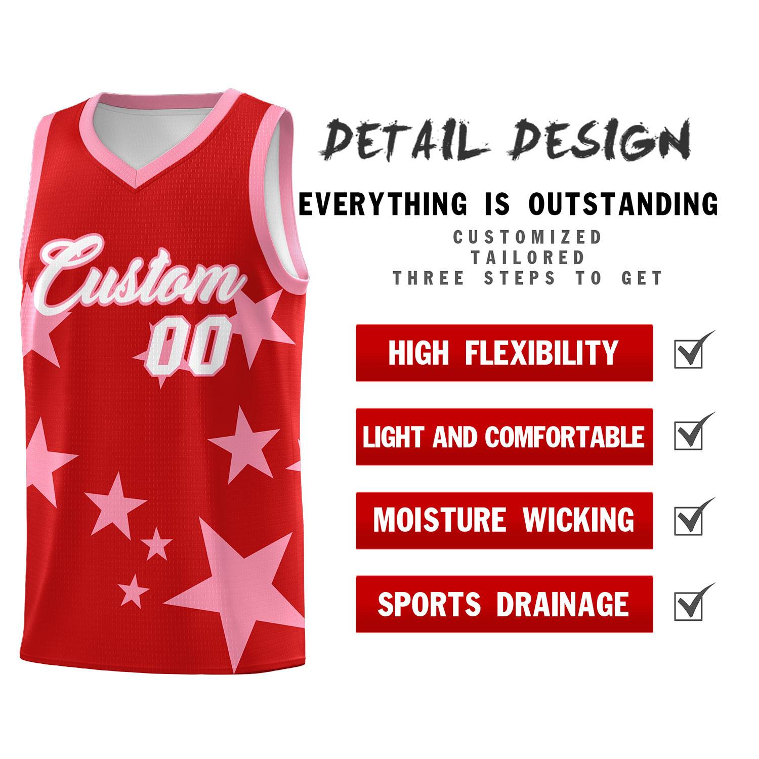Custom Red Light Pink Graffiti Pattern Star Print Basketball Jersey Sets