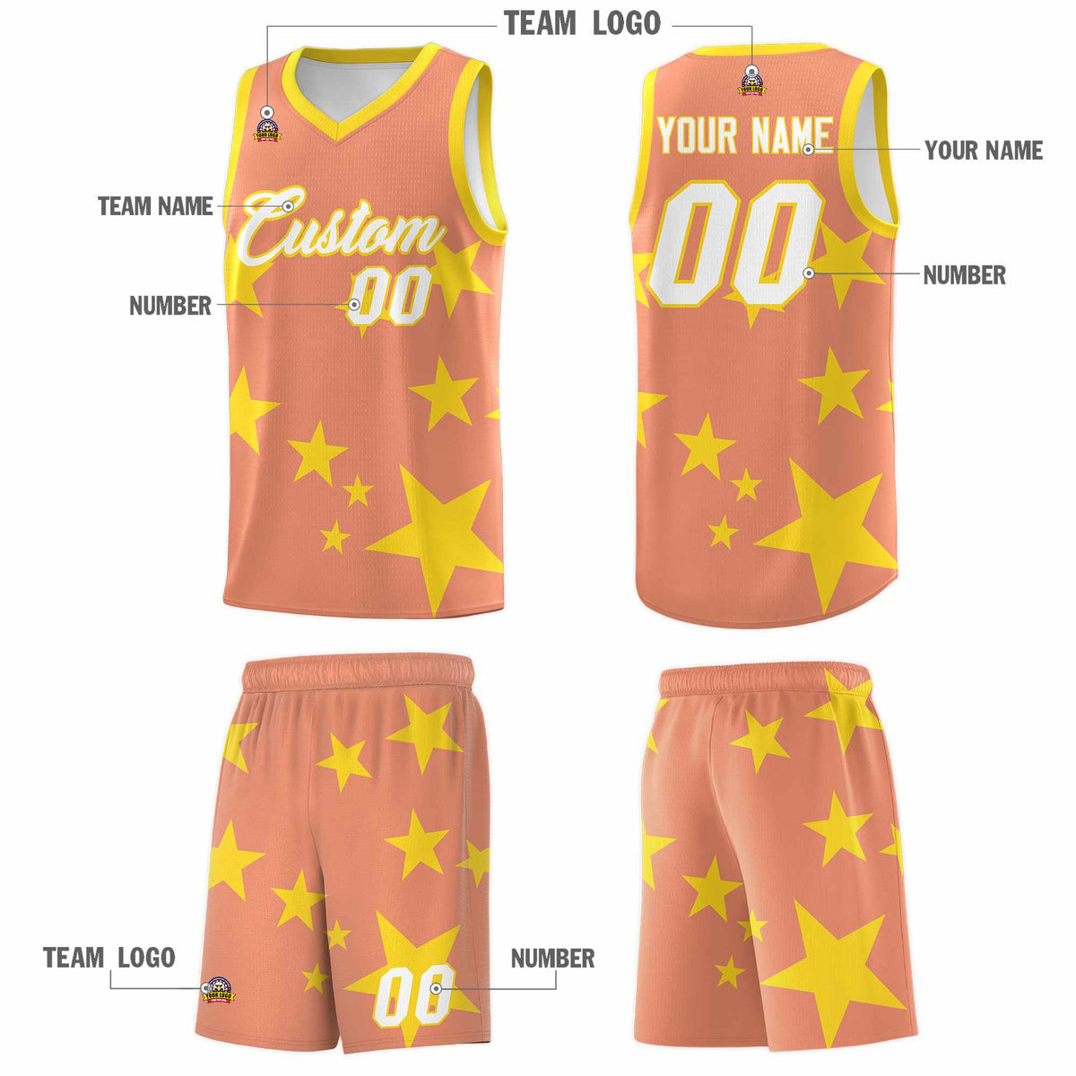 Custom Light Orange Gold Graffiti Pattern Star Print Basketball Jersey Sets