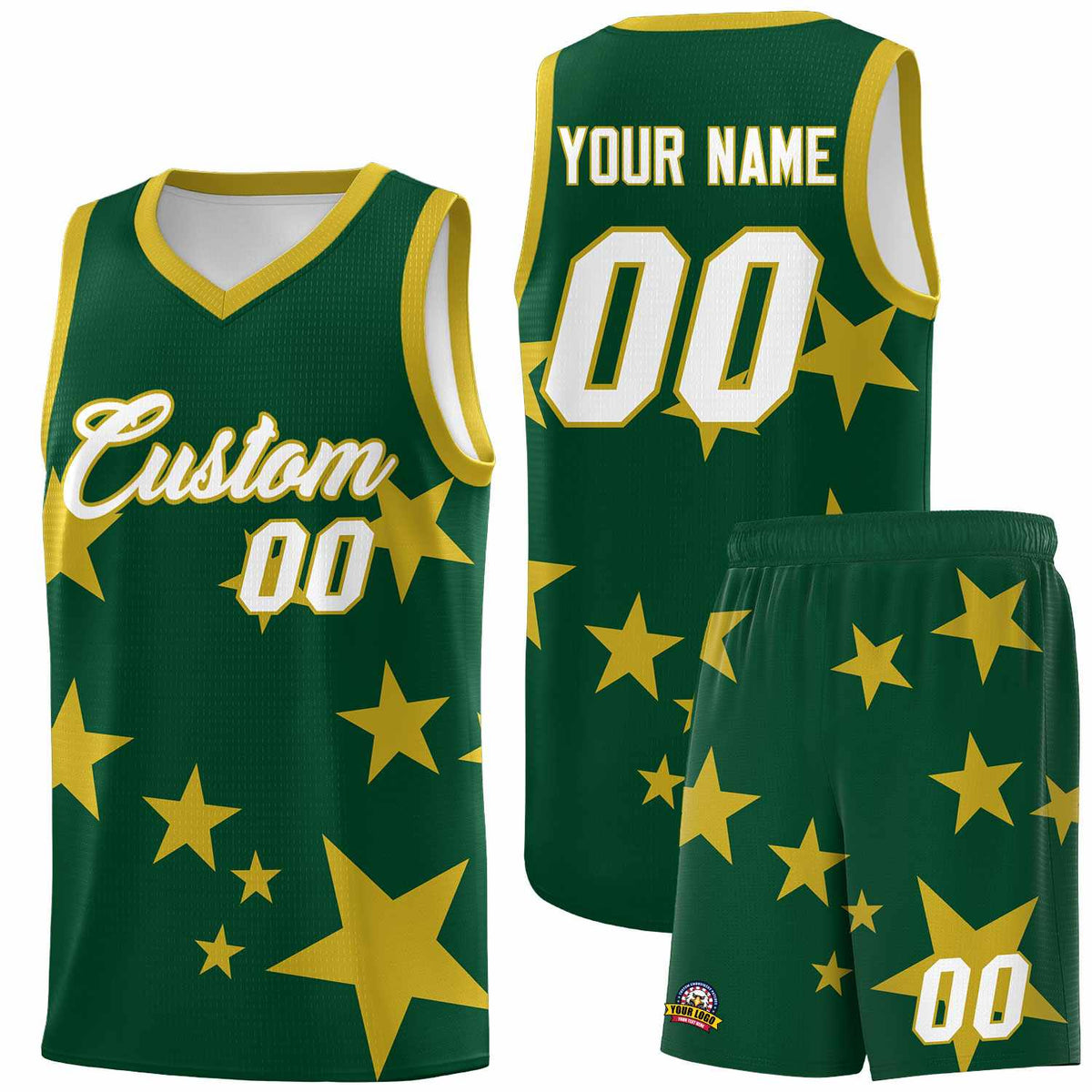 Custom Green Old Gold Graffiti Pattern Star Print Basketball Jersey Sets