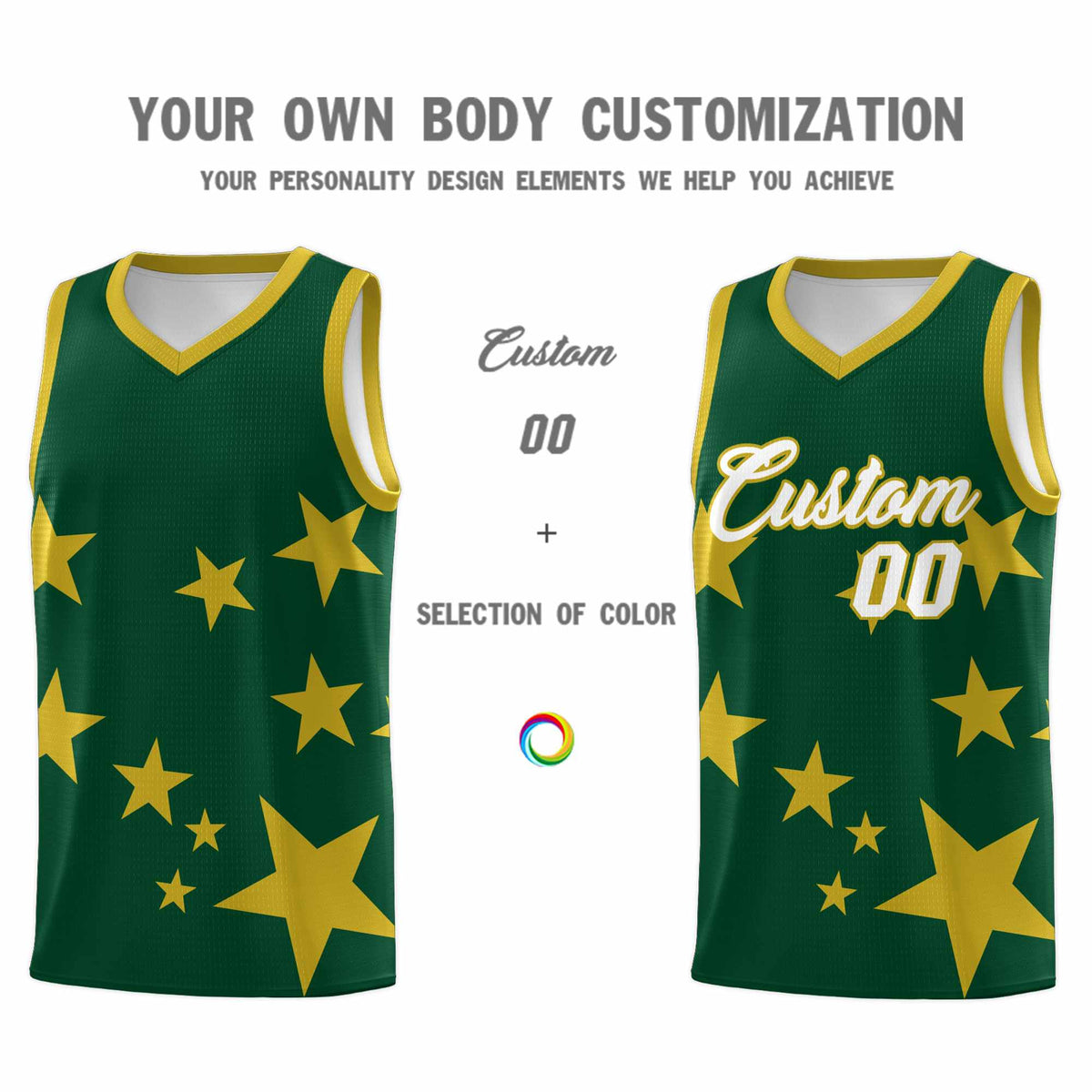 Custom Green Old Gold Graffiti Pattern Star Print Basketball Jersey Sets