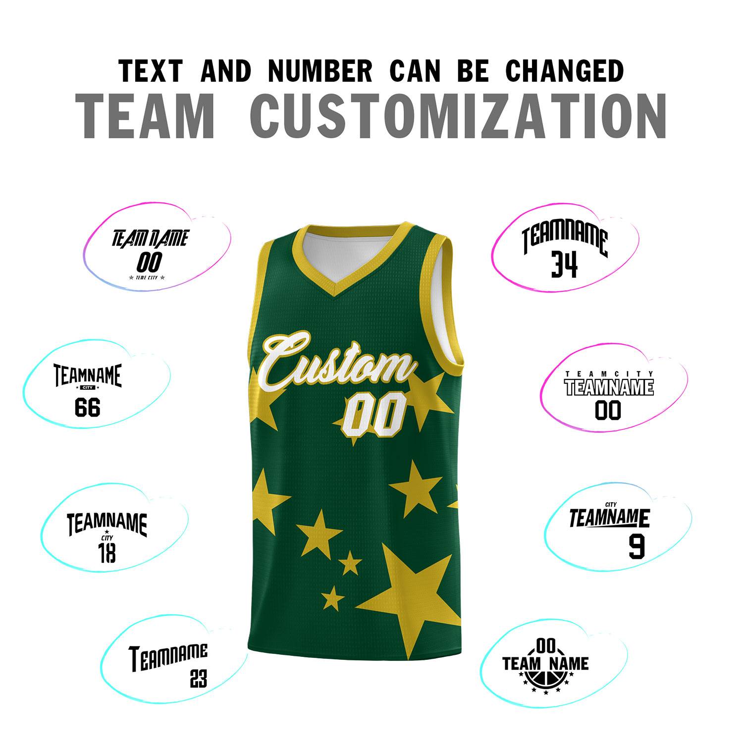 Custom Green Old Gold Graffiti Pattern Star Print Basketball Jersey Sets