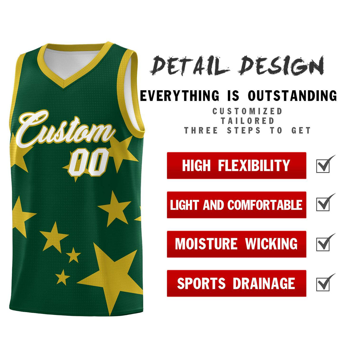 Custom Green Old Gold Graffiti Pattern Star Print Basketball Jersey Sets