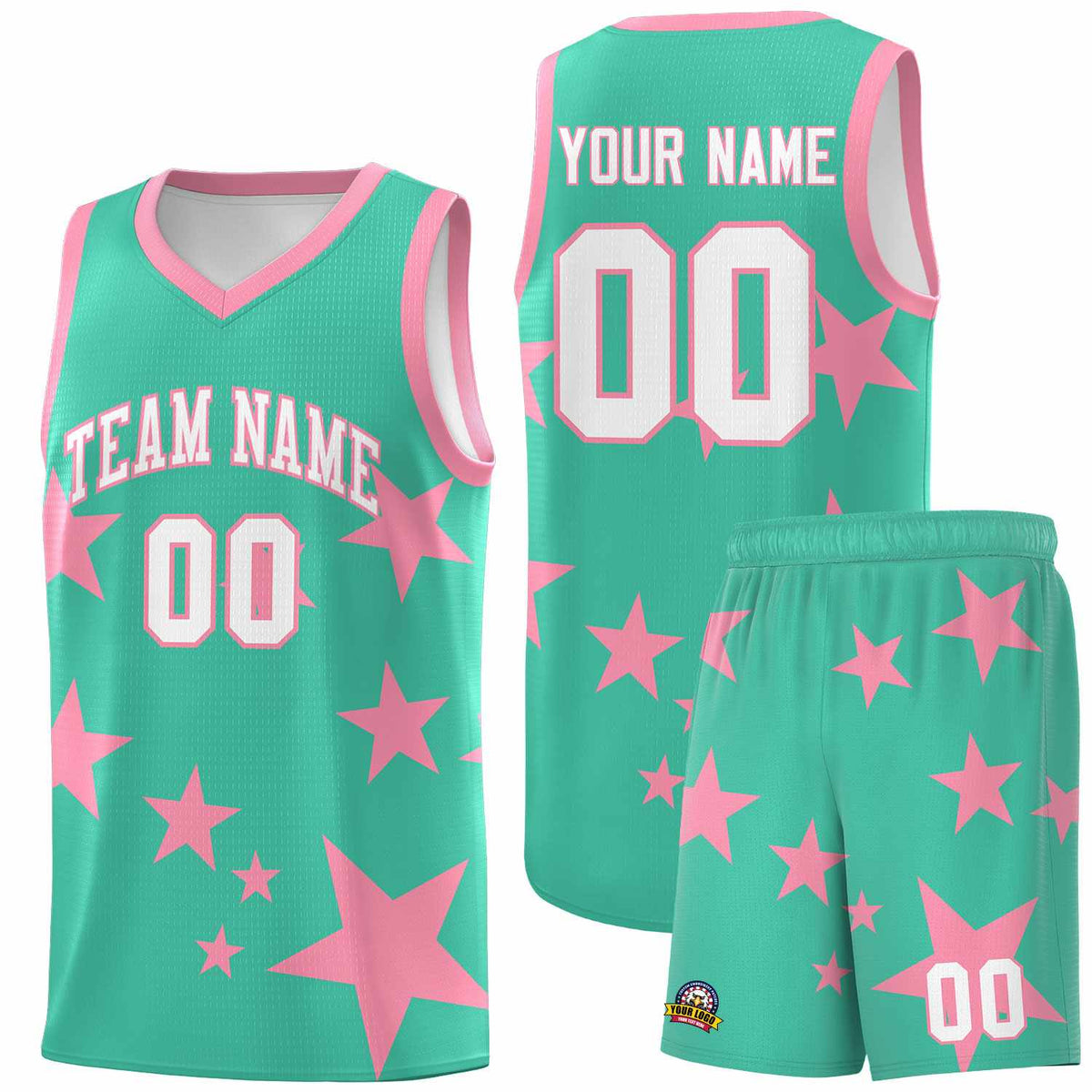 Custom Bright Green Light Pink Graffiti Pattern Star Print Basketball Jersey Sets