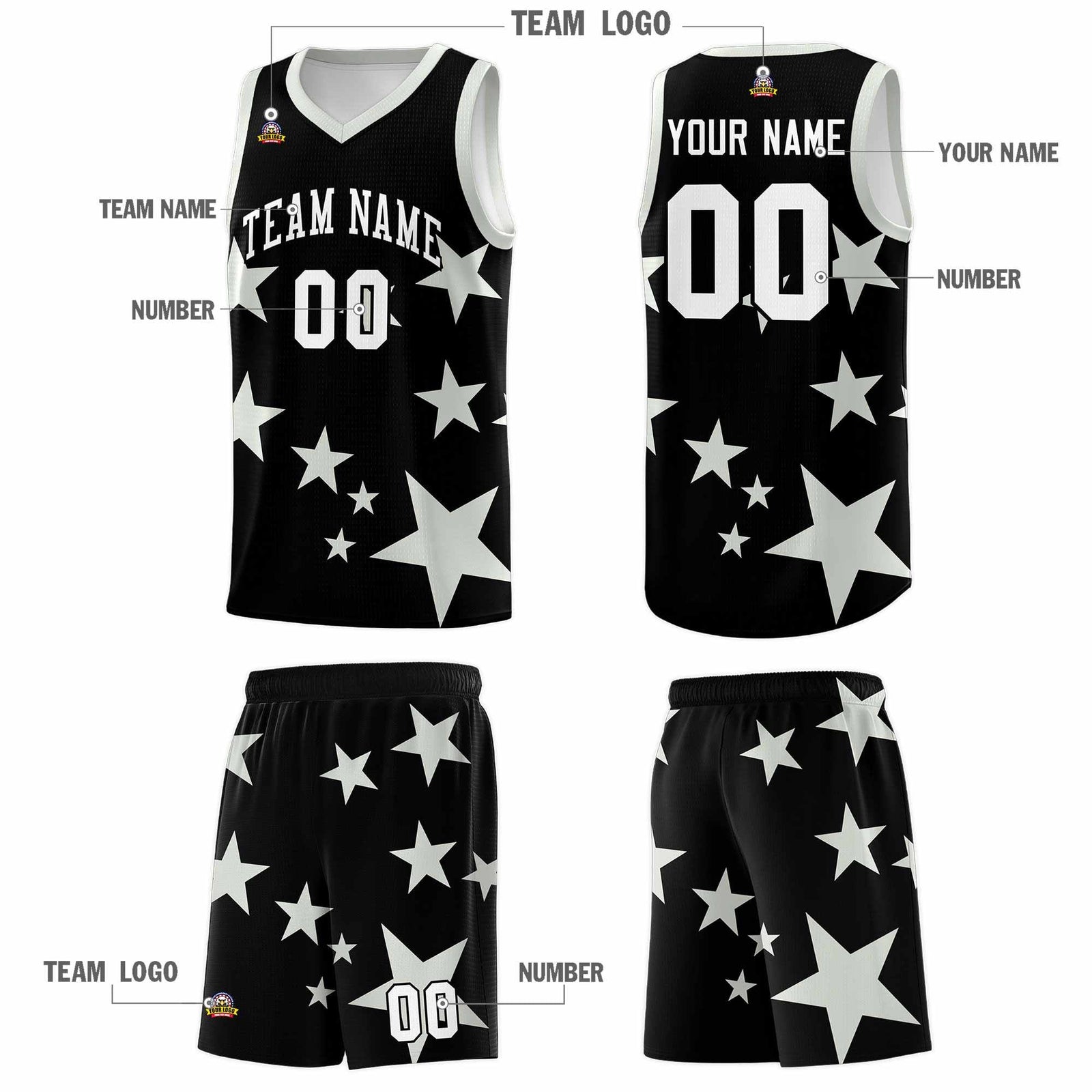 Custom Black Gray Graffiti Pattern Star Print Basketball Jersey Sets
