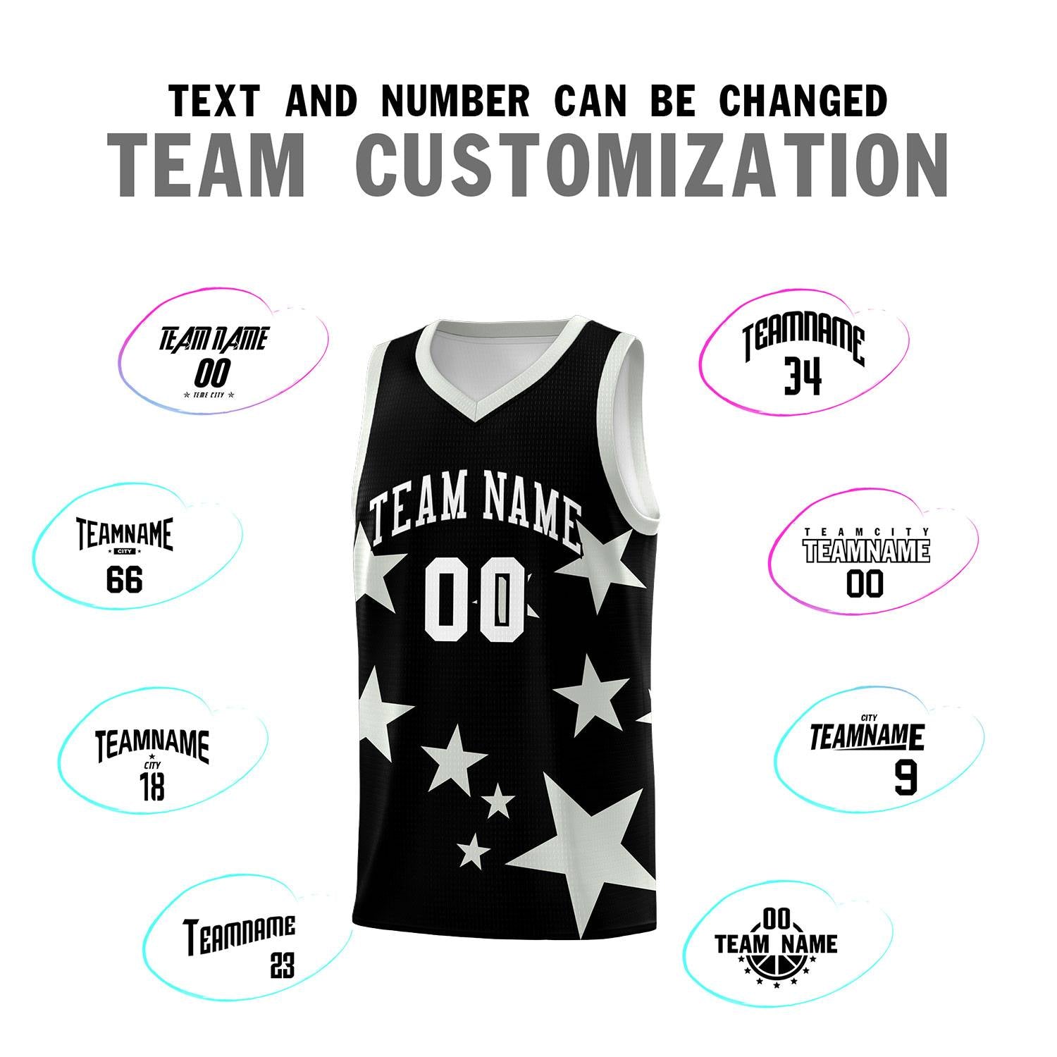 Custom Black Gray Graffiti Pattern Star Print Basketball Jersey Sets