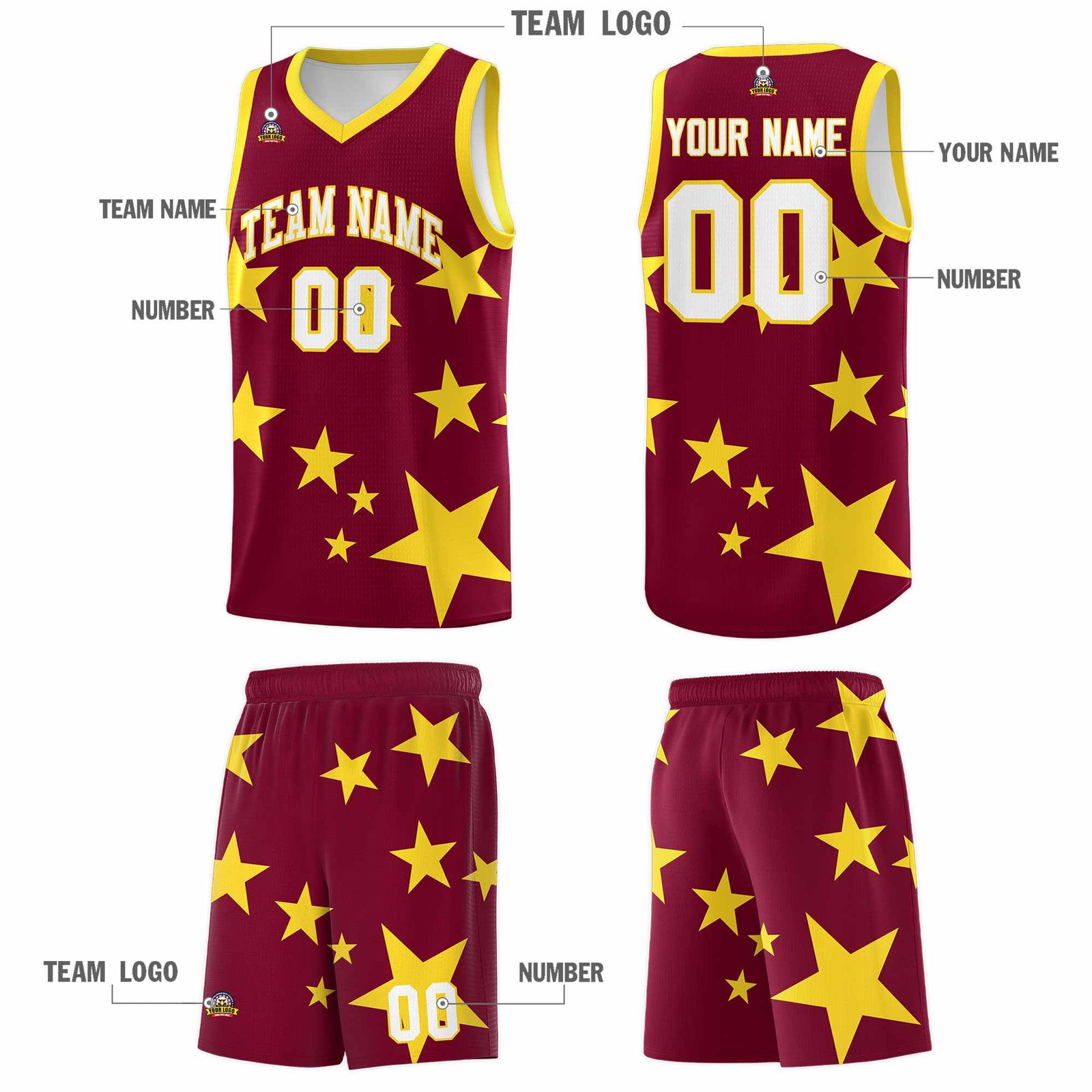 Custom Crimson Gold Graffiti Pattern Star Print Basketball Jersey Sets