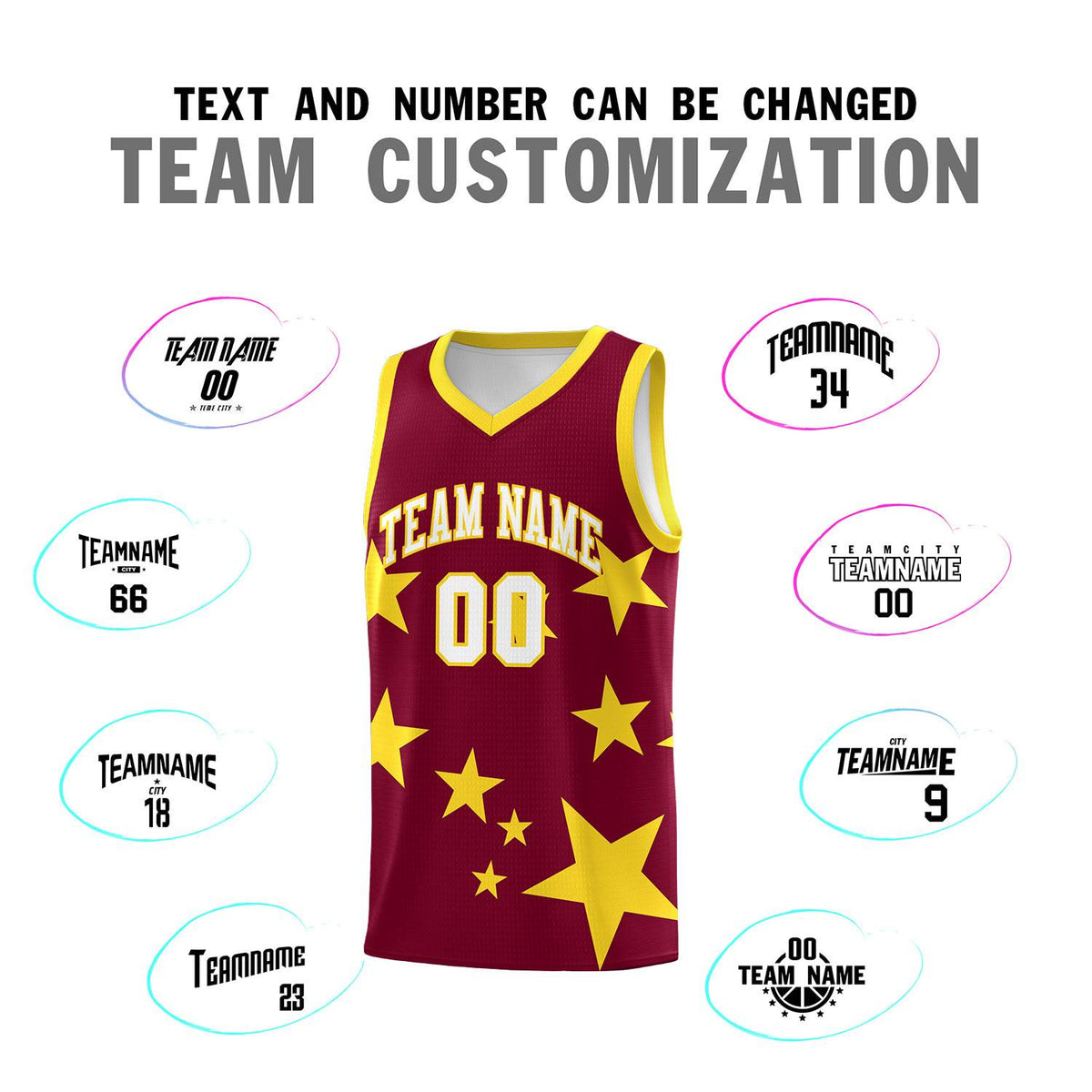 Custom Crimson Gold Graffiti Pattern Star Print Basketball Jersey Sets