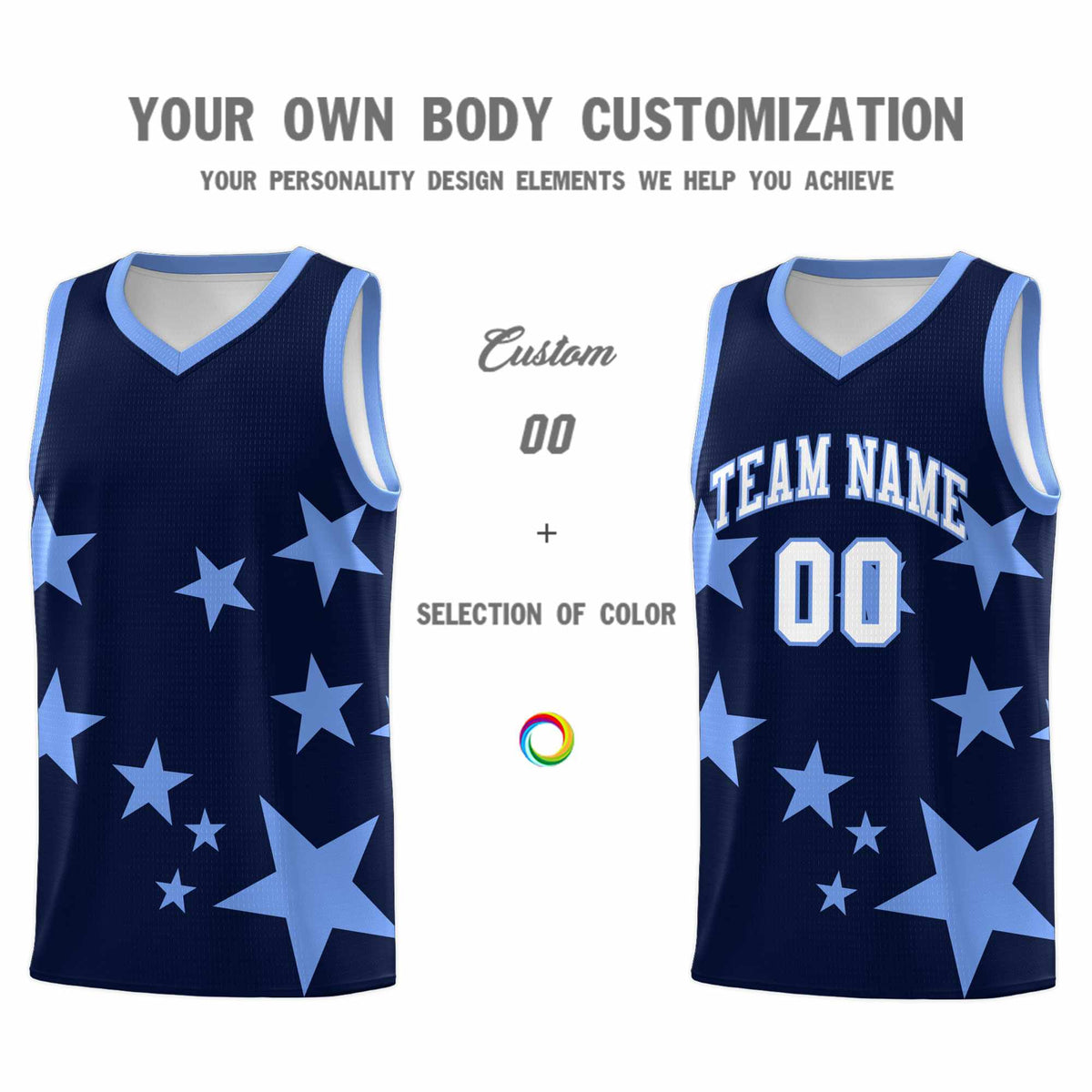 Custom Navy Light Blue Graffiti Pattern Star Print Basketball Jersey Sets