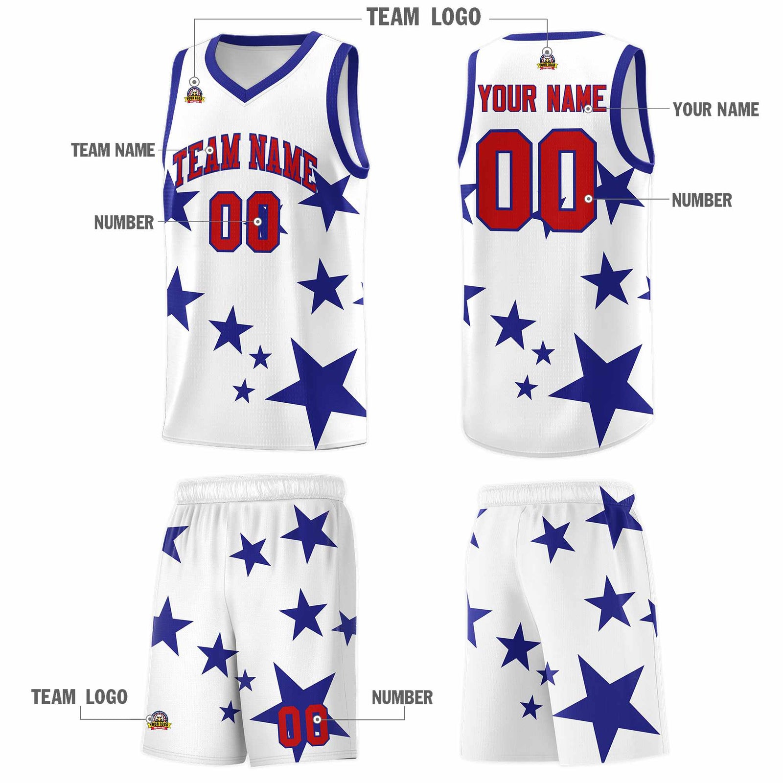Custom White Royal Graffiti Pattern Star Print Basketball Jersey Sets