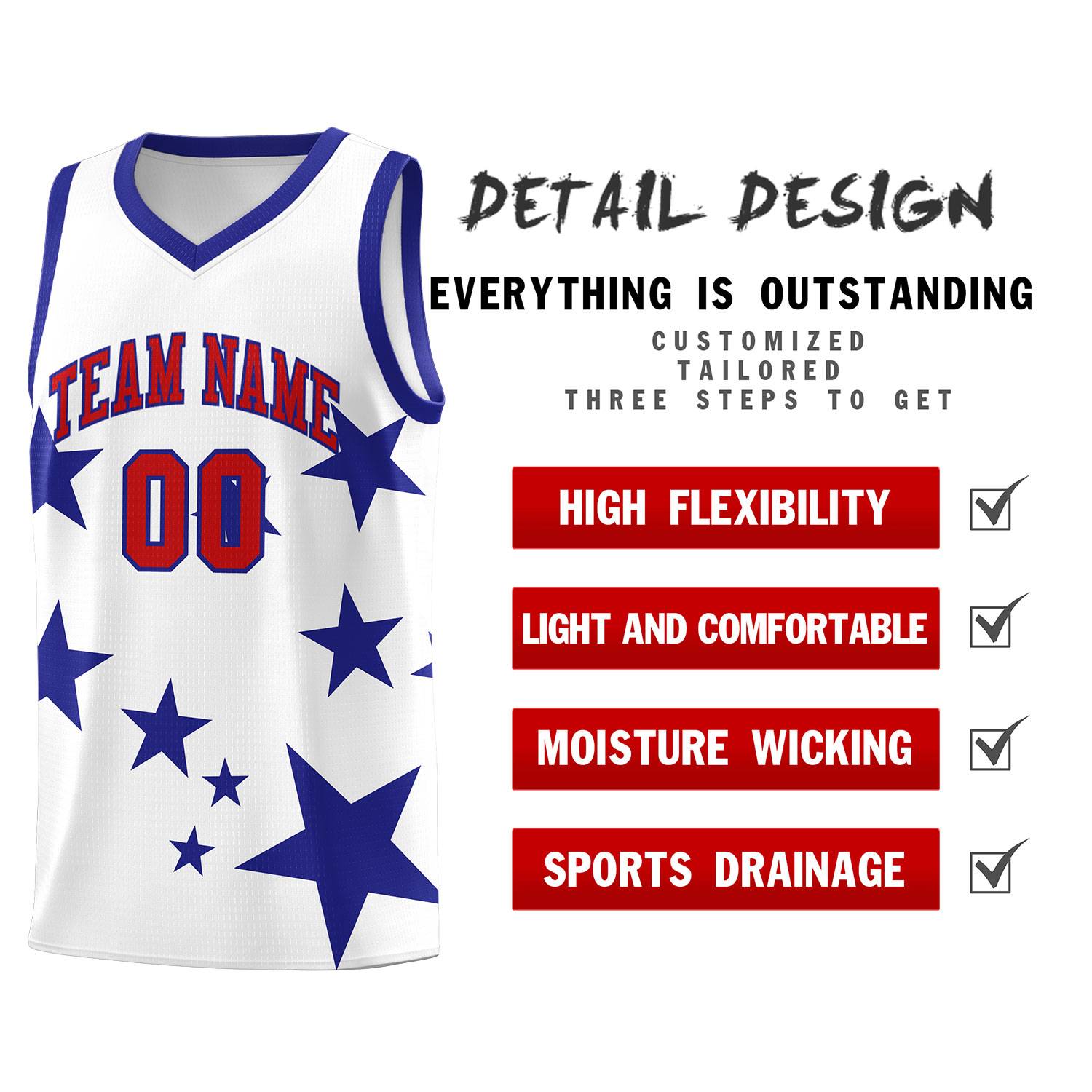 Custom White Royal Graffiti Pattern Star Print Basketball Jersey Sets