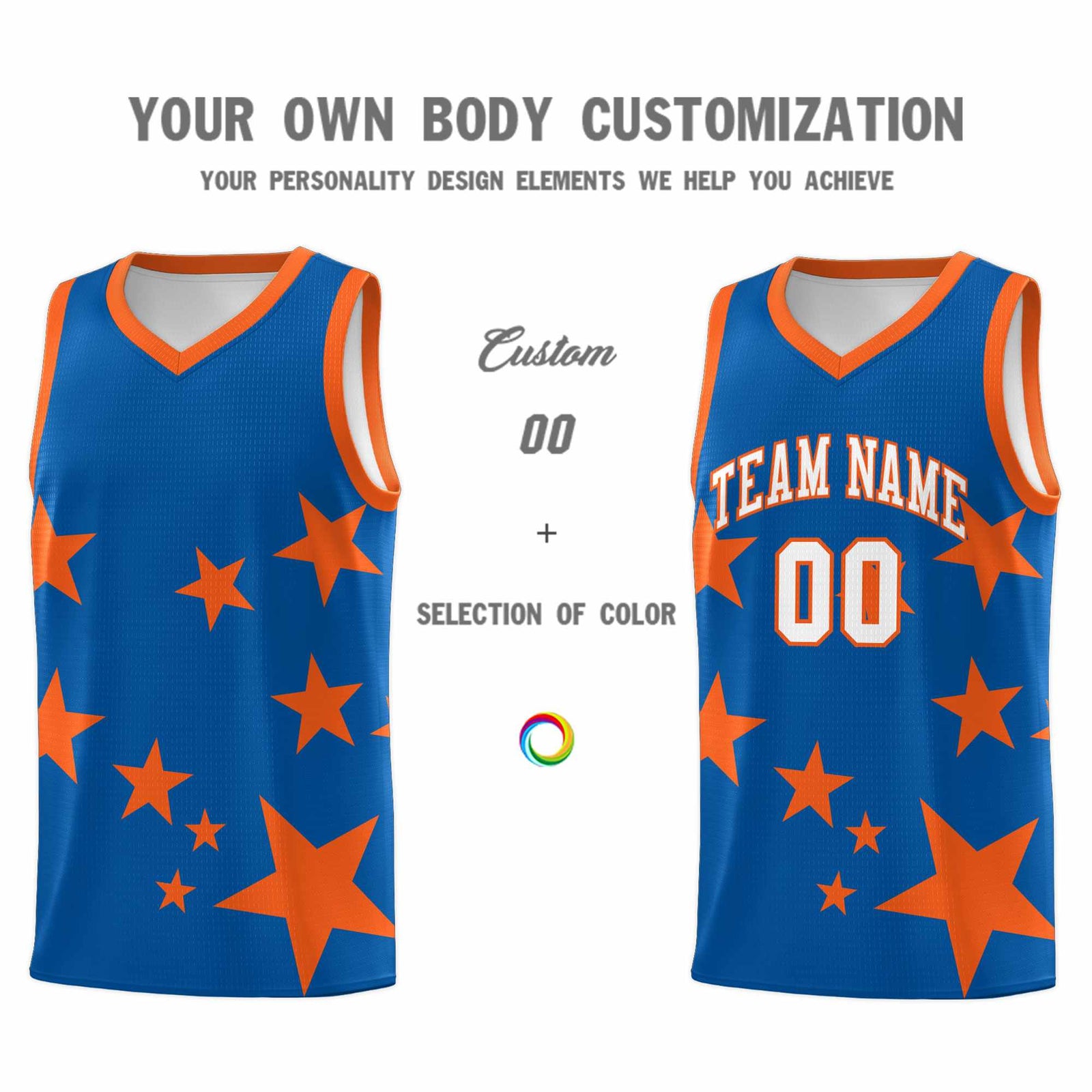 Custom Royal Orange Graffiti Pattern Star Print Basketball Jersey Sets