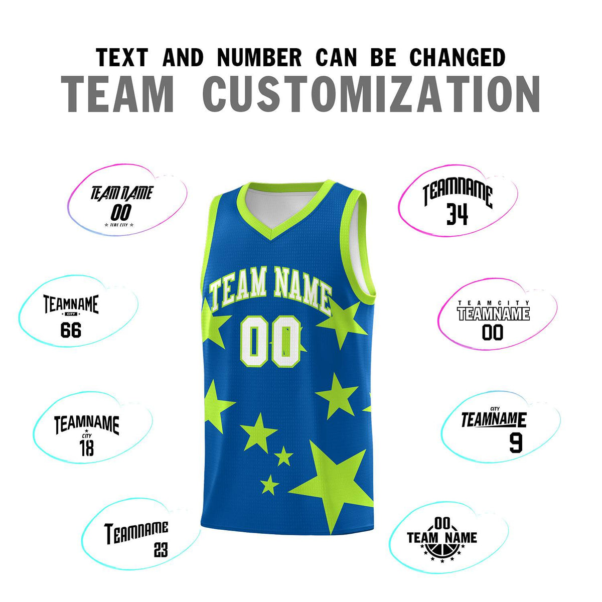 Custom Royal Light Green Graffiti Pattern Star Print Basketball Jersey Sets