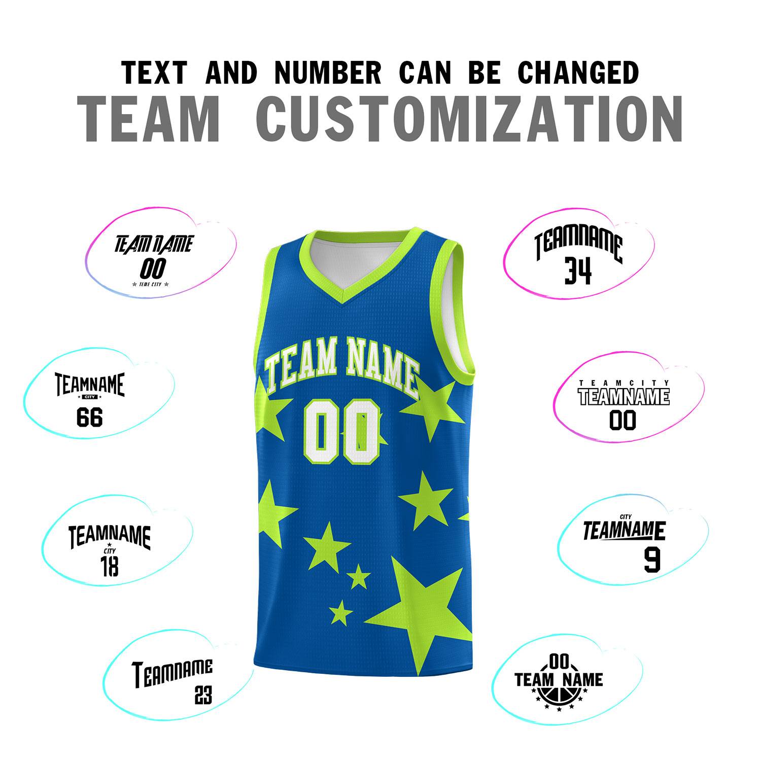 Custom Royal Light Green Graffiti Pattern Star Print Basketball Jersey Sets