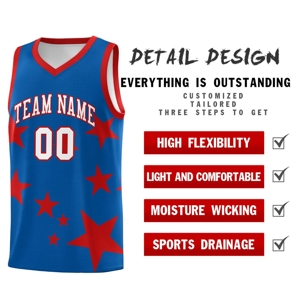 Custom Royal Red Graffiti Pattern Star Print Basketball Jersey Sets
