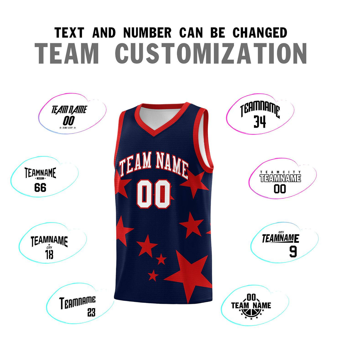 Custom Navy Red Graffiti Pattern Star Print Basketball Jersey Sets
