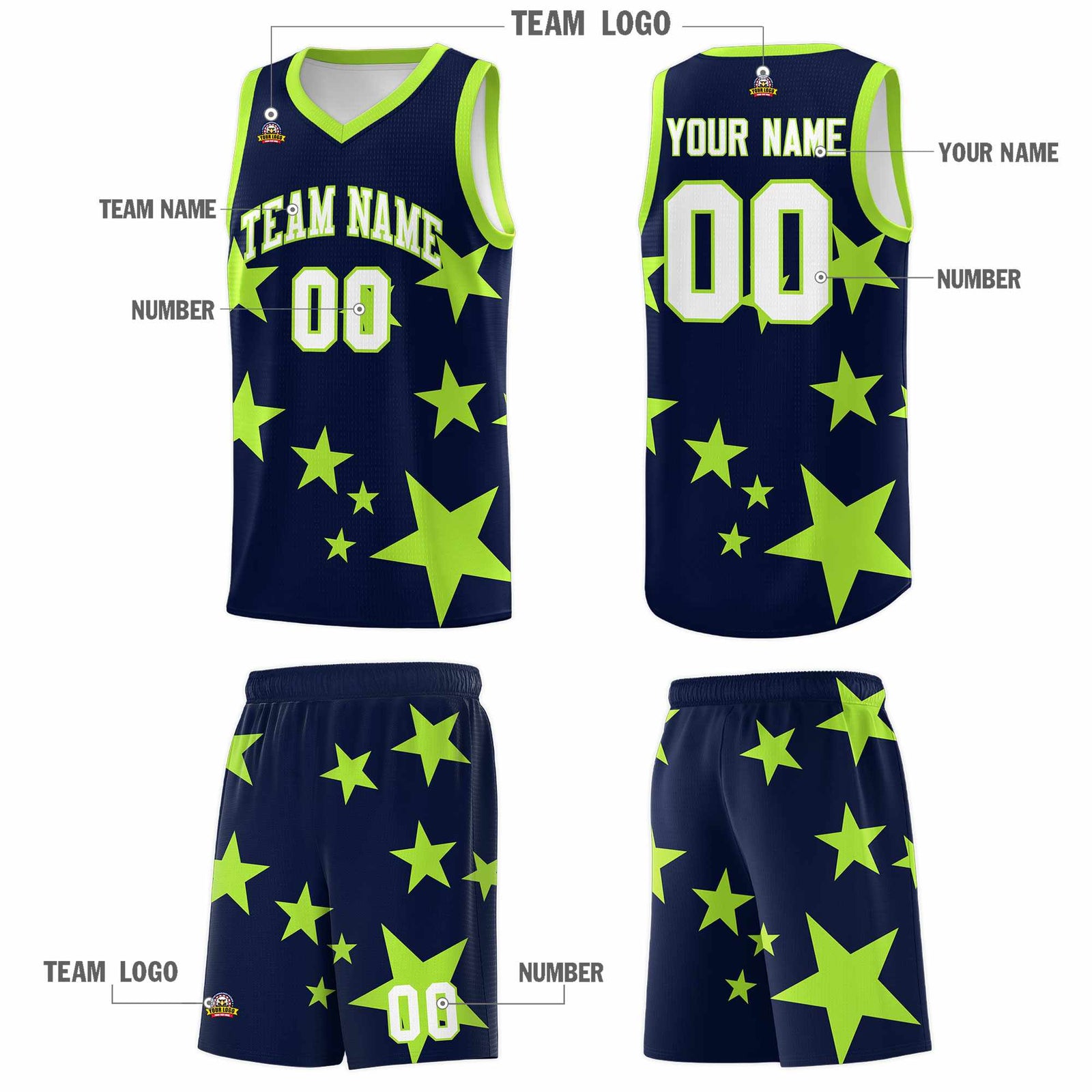 Custom Navy Light Green Graffiti Pattern Star Print Basketball Jersey Sets