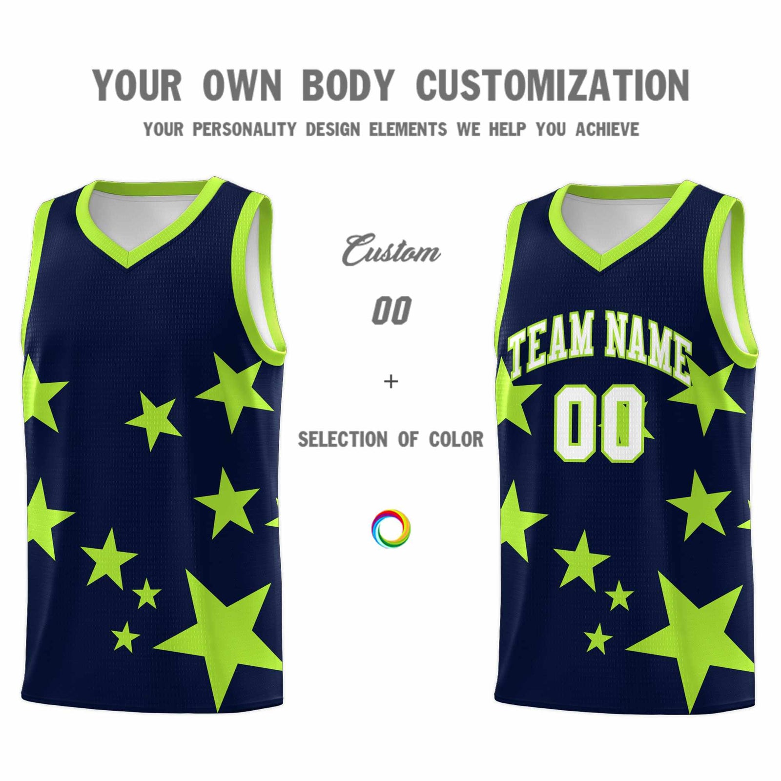 Custom Navy Light Green Graffiti Pattern Star Print Basketball Jersey Sets