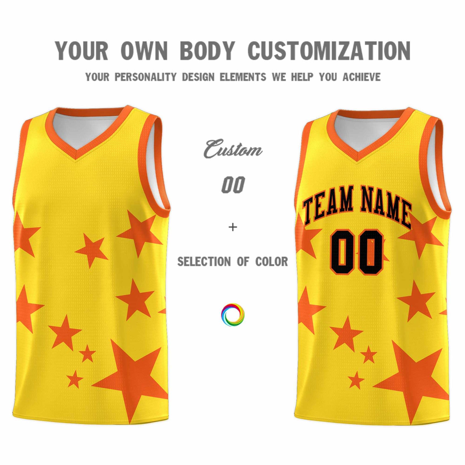 Custom Gold Orange Graffiti Pattern Star Print Basketball Jersey Sets