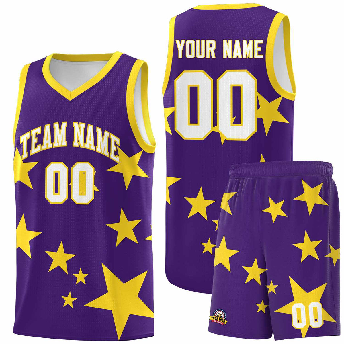 Custom Purple Gold Graffiti Pattern Star Print Basketball Jersey Sets