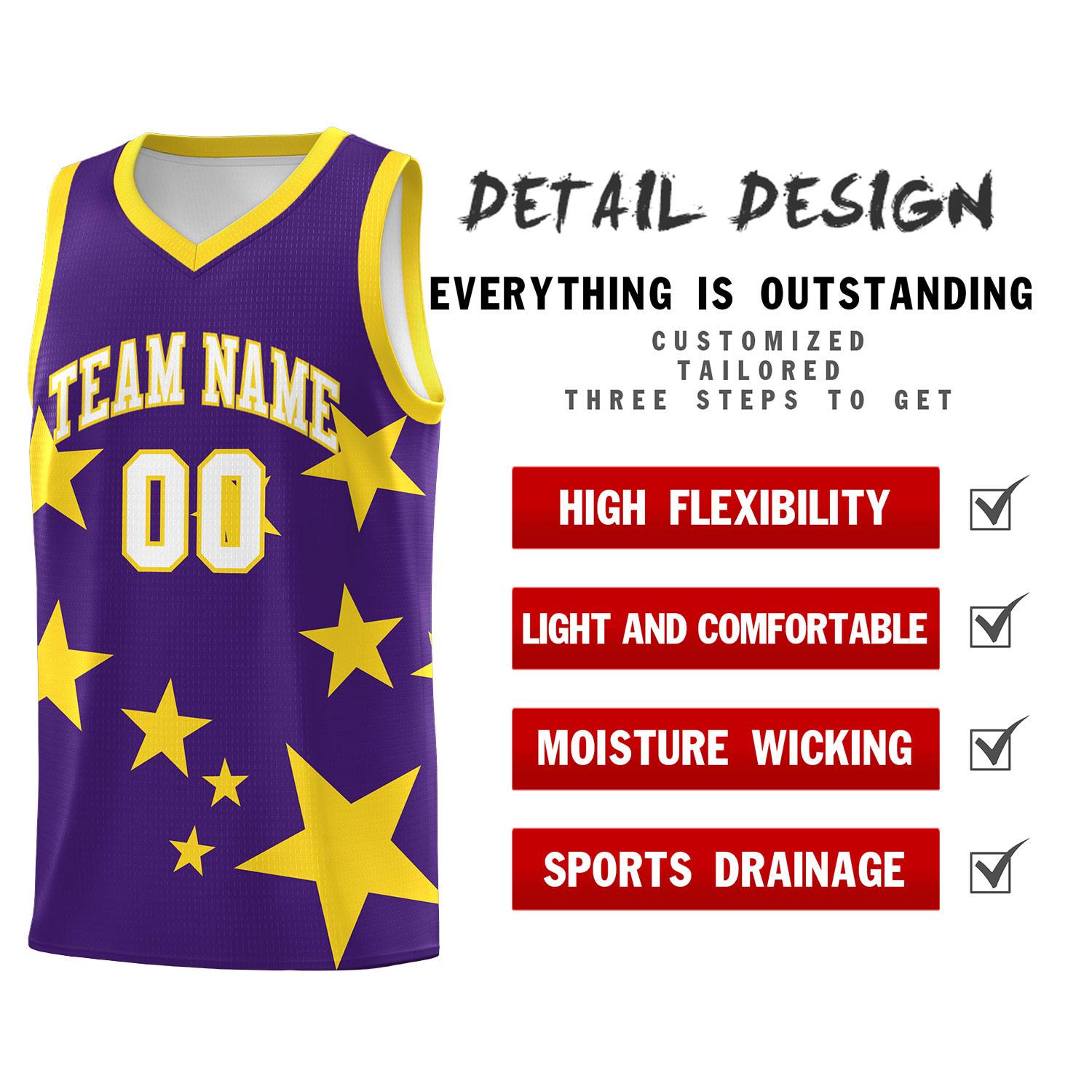 Custom Purple Gold Graffiti Pattern Star Print Basketball Jersey Sets