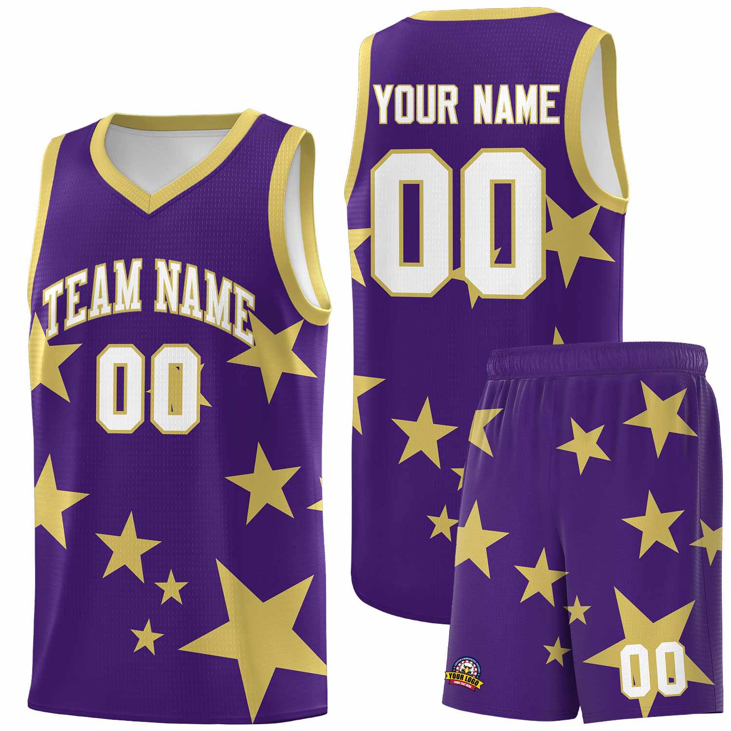 Custom Purple Old Gold Graffiti Pattern Star Print Basketball Jersey Sets