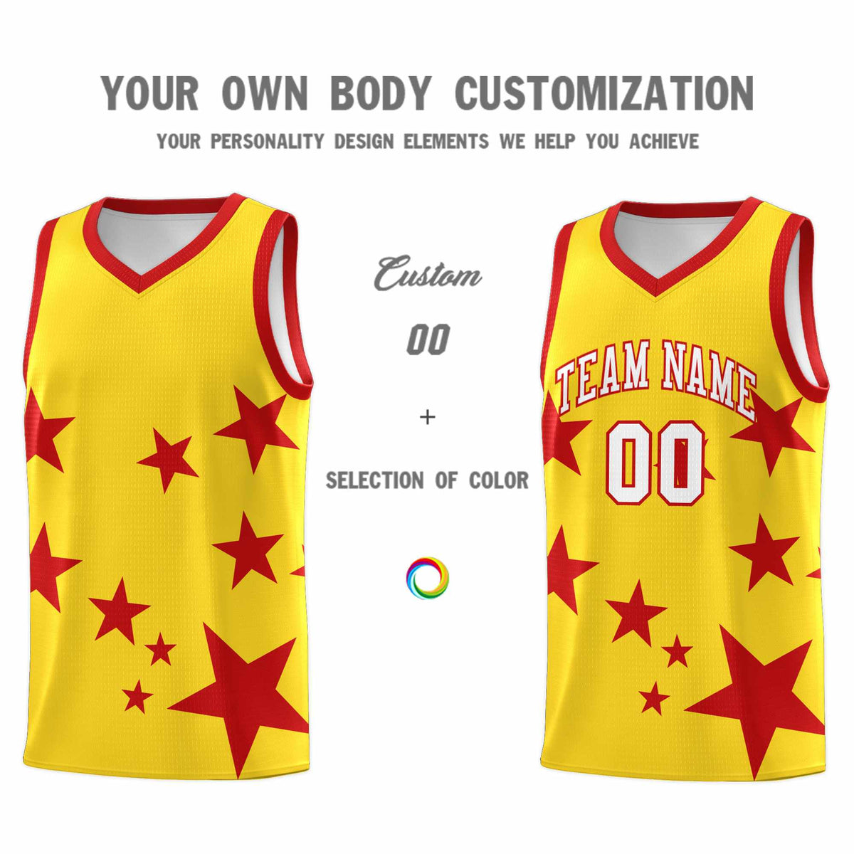 Custom Gold Red Graffiti Pattern Star Print Basketball Jersey Sets