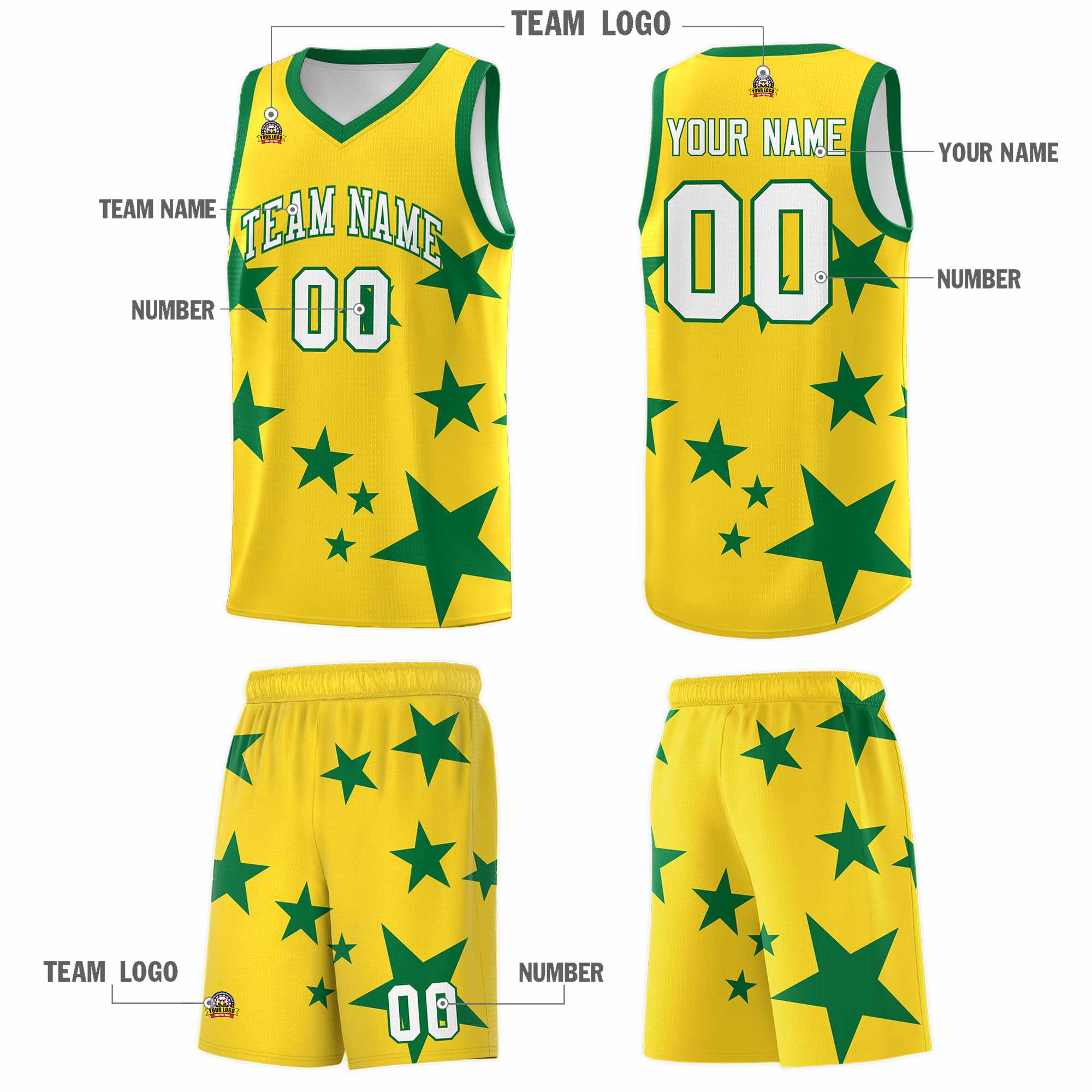 Custom Gold Kelly Green Graffiti Pattern Star Print Basketball Jersey Sets