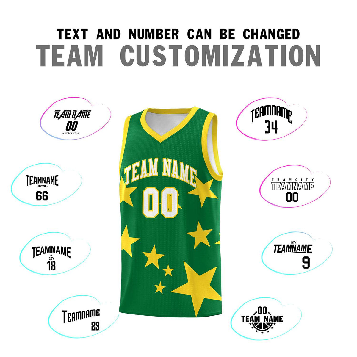 Custom Kelly Green Gold Graffiti Pattern Star Print Basketball Jersey Sets