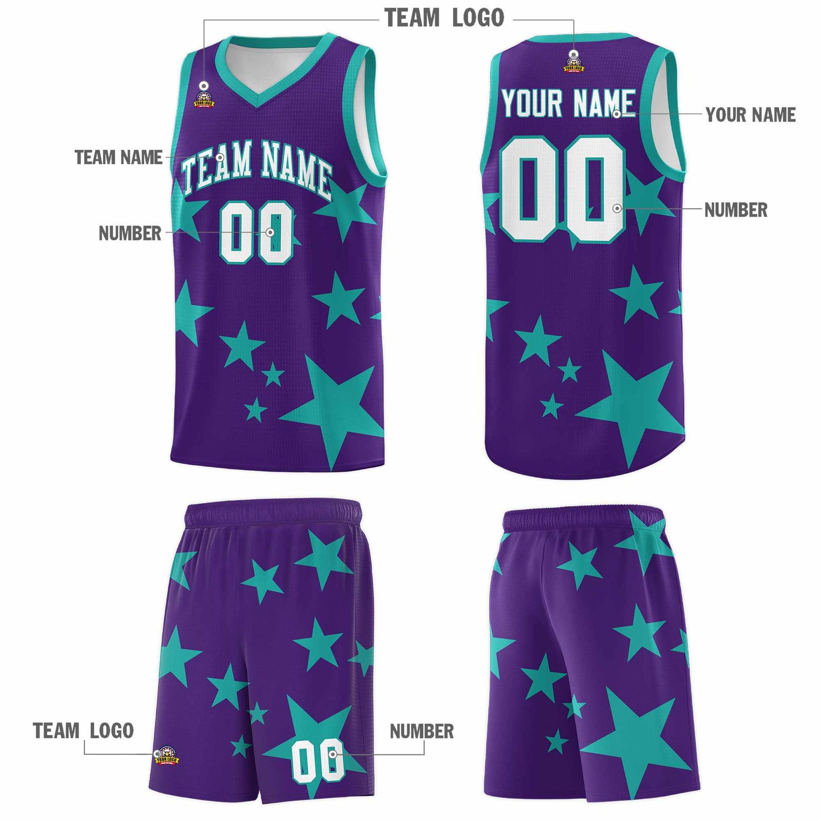 Custom Purple Aqua Graffiti Pattern Star Print Basketball Jersey Sets